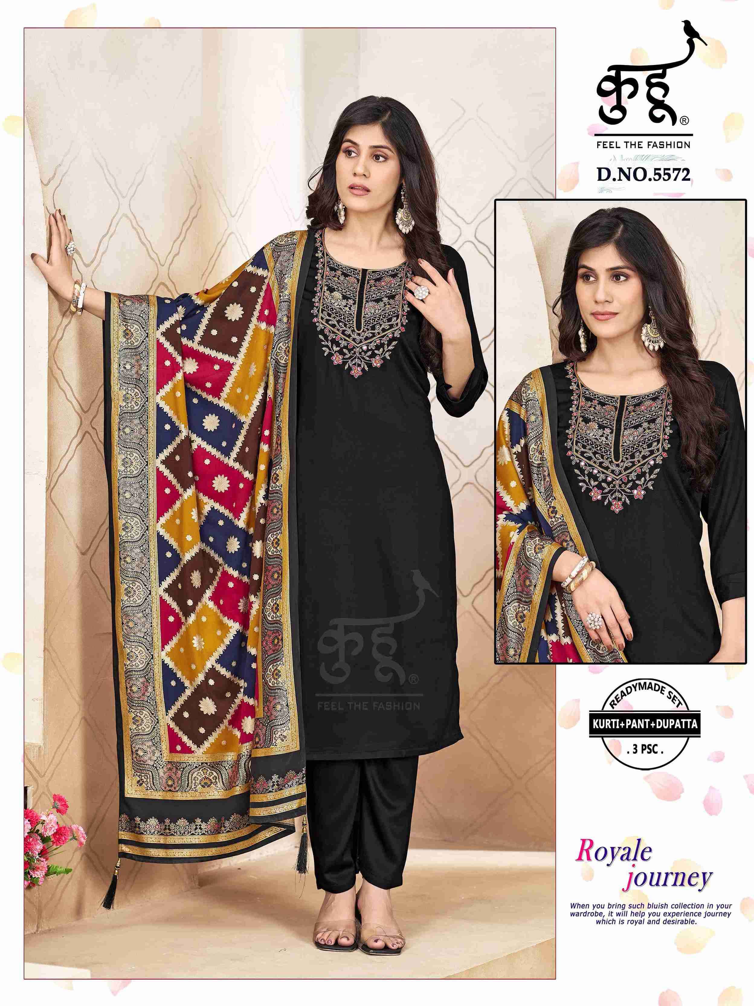 D.NO :- 5571 TO 5574 BY KUHOO IN FANCY FABRICS KURTI PANT WITH DUPATTA WORK 