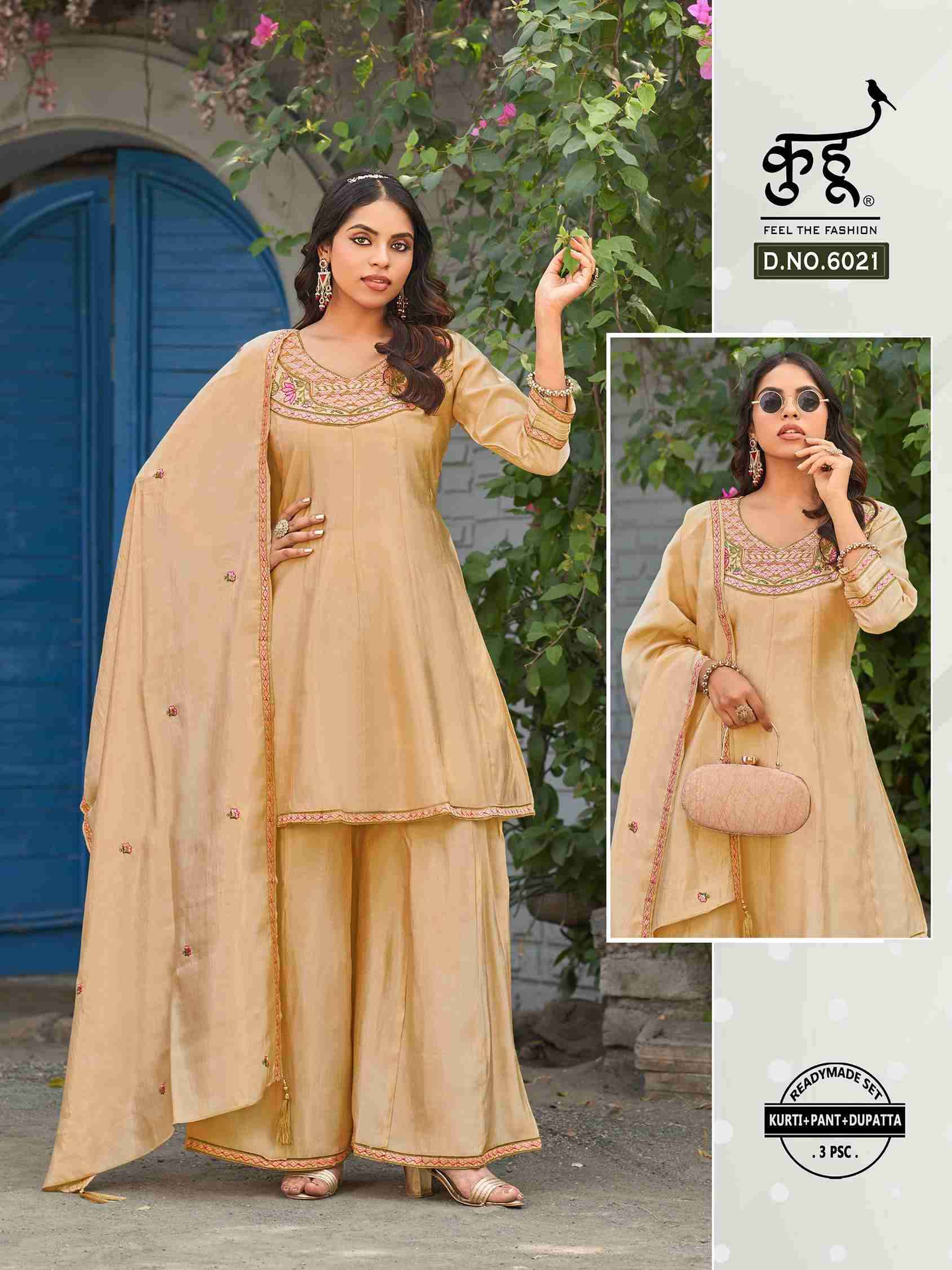 D.NO :- 6019 TO 6022 BY KUHOO IN FANCY FABRICS KURTI PANT WITH DUPATTA WORK 