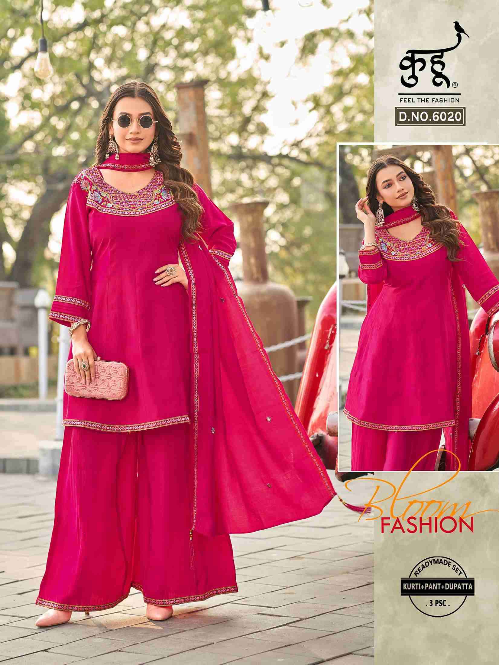 D.NO :- 6019 TO 6022 BY KUHOO IN FANCY FABRICS KURTI PANT WITH DUPATTA WORK 
