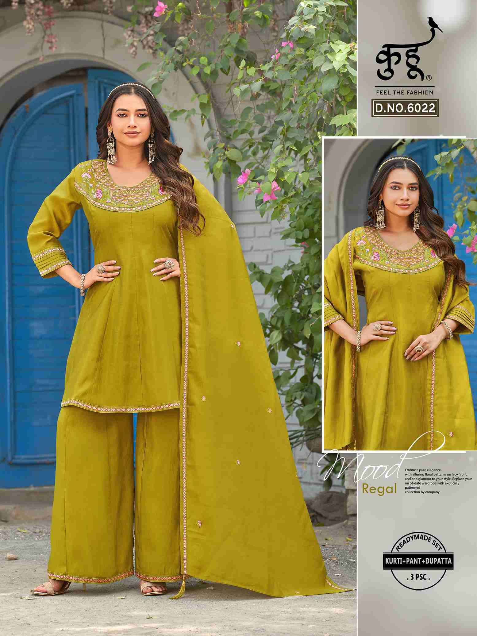 D.NO :- 6019 TO 6022 BY KUHOO IN FANCY FABRICS KURTI PANT WITH DUPATTA WORK 