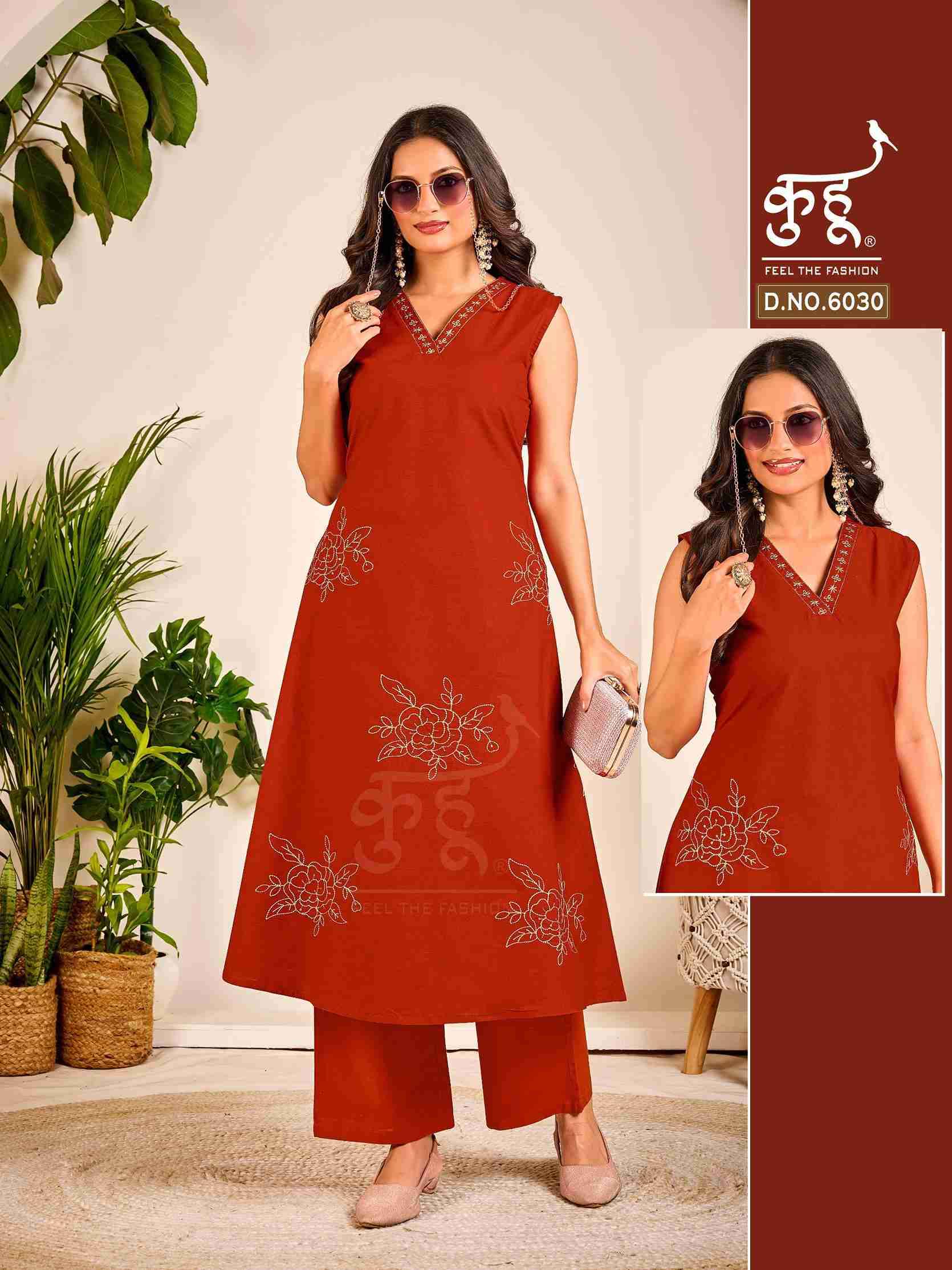 D.NO :- 6030 TO 6031 BY KUHOO IN FANCY FABRICS KURTI PANT WITH DUPATTA WORK 