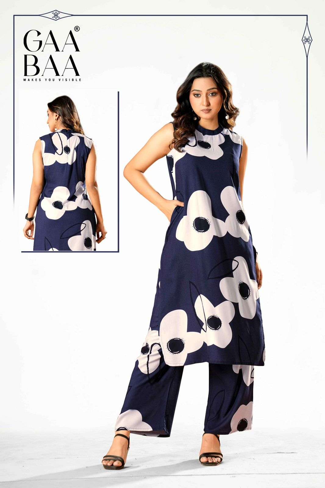 D.NO :- 961 BY GAABAA IN HEAVY RAYON DISCHARGE PRINT KURTI PLAZO PANT CO-ORD SET 
