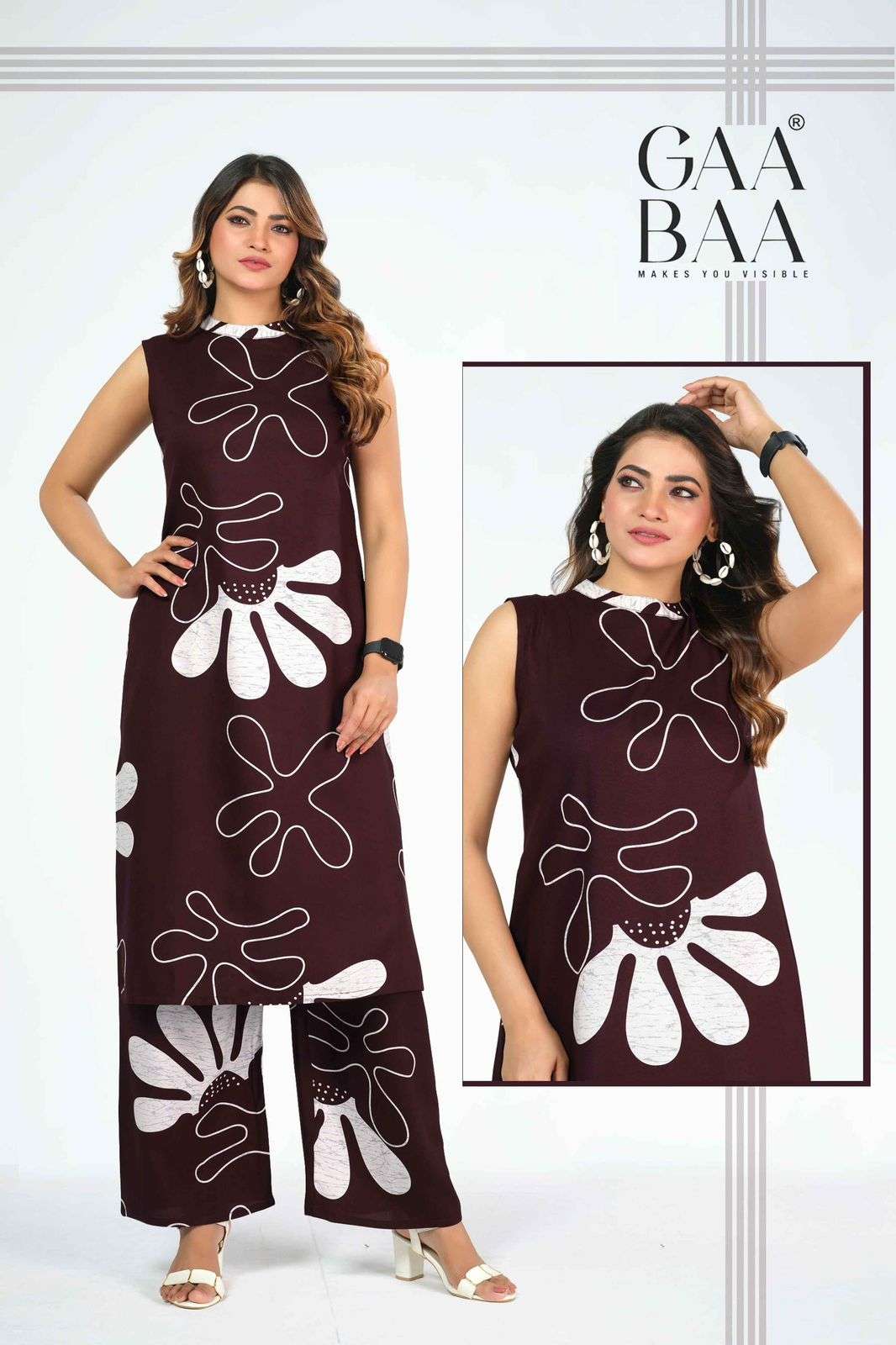 D.NO :- 961 BY GAABAA IN HEAVY RAYON DISCHARGE PRINT KURTI PLAZO PANT CO-ORD SET 