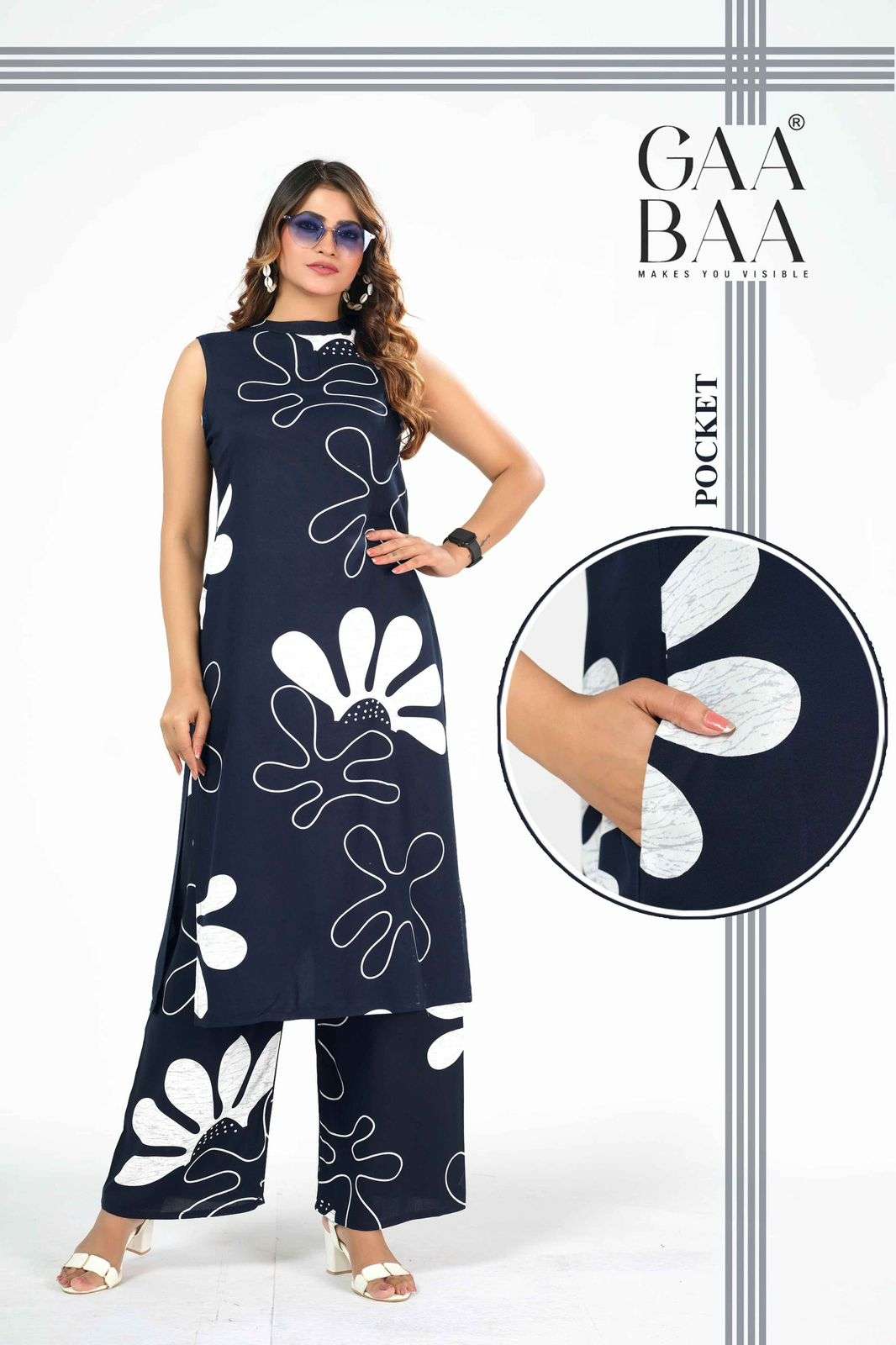 D.NO :- 961 BY GAABAA IN HEAVY RAYON DISCHARGE PRINT KURTI PLAZO PANT CO-ORD SET 