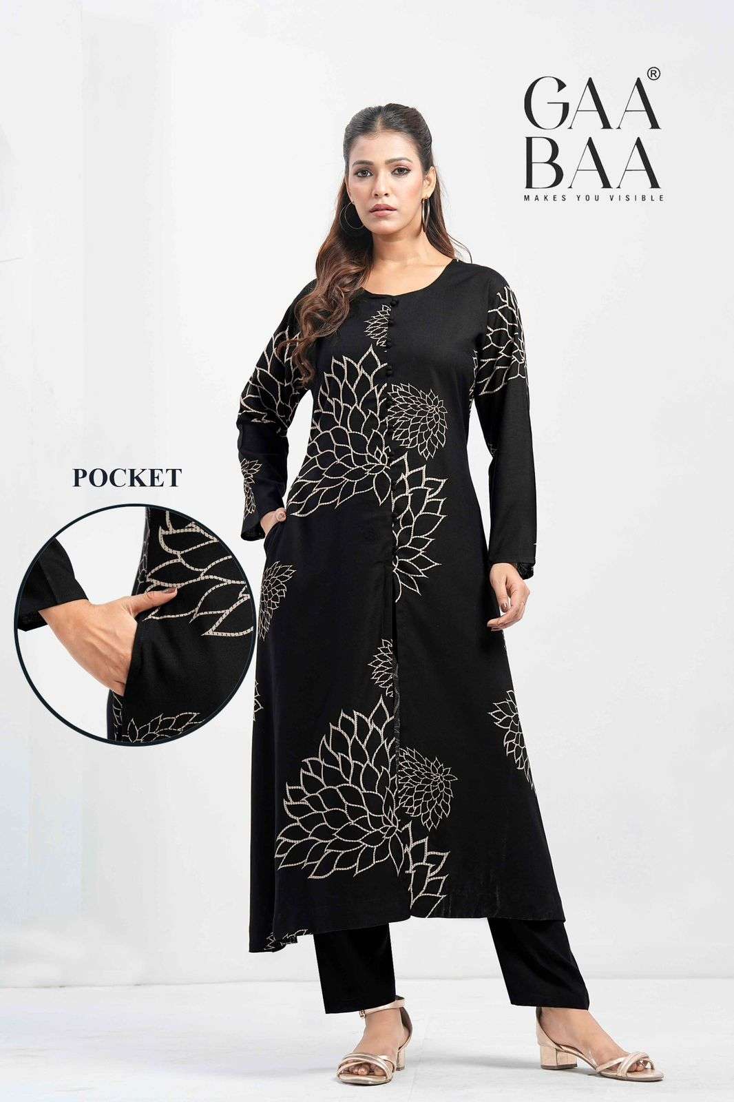 D.NO :- 963 BY GAABAA IN HEAVY RAYON DISCHARGE PRINT KURTI SEMI PLAZO PANT CO-ORD SET 