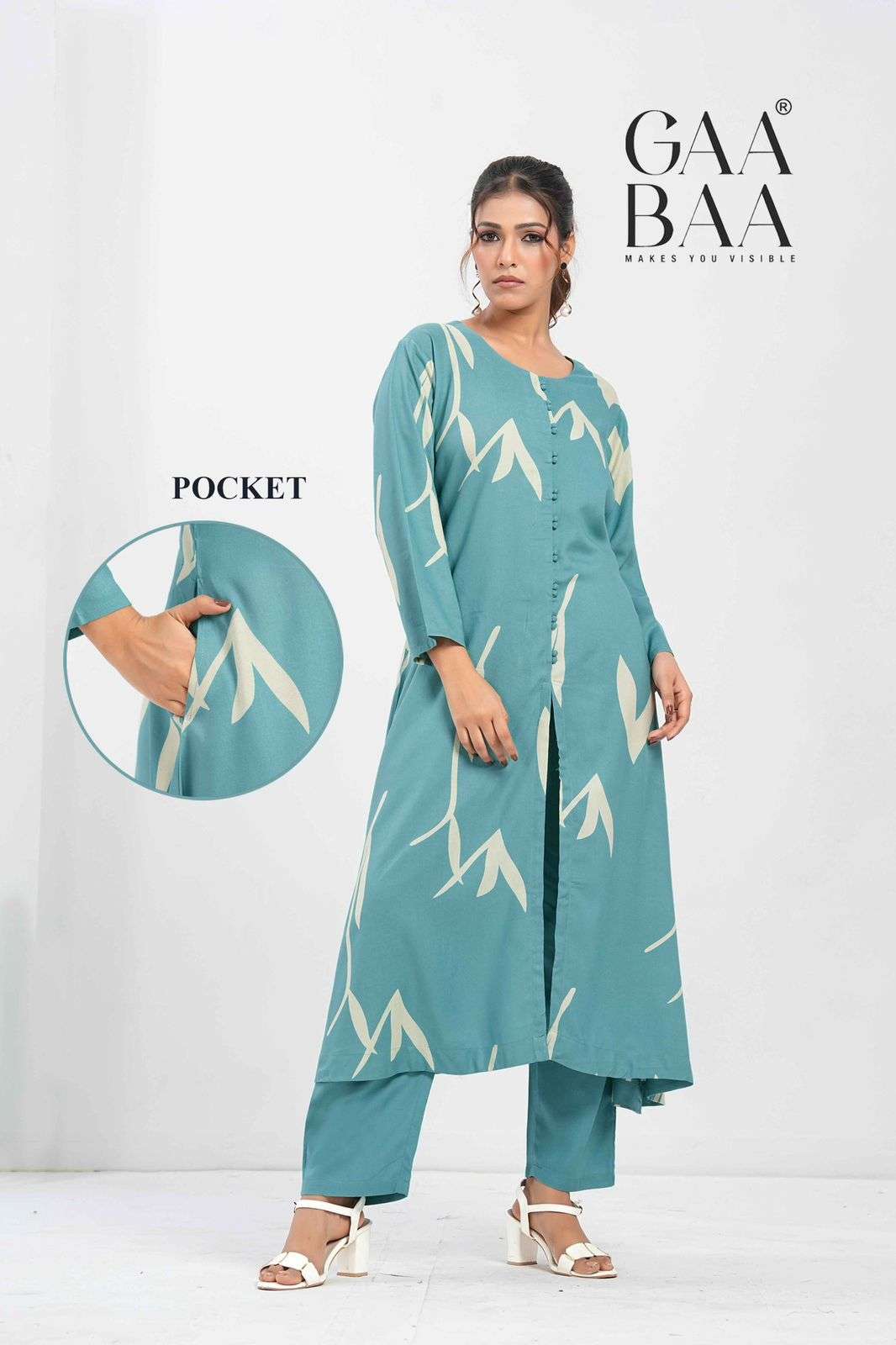 D.NO :- 963 BY GAABAA IN HEAVY RAYON DISCHARGE PRINT KURTI SEMI PLAZO PANT CO-ORD SET 