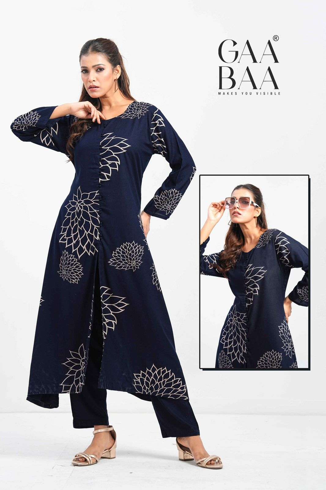 D.NO :- 963 BY GAABAA IN HEAVY RAYON DISCHARGE PRINT KURTI SEMI PLAZO PANT CO-ORD SET 