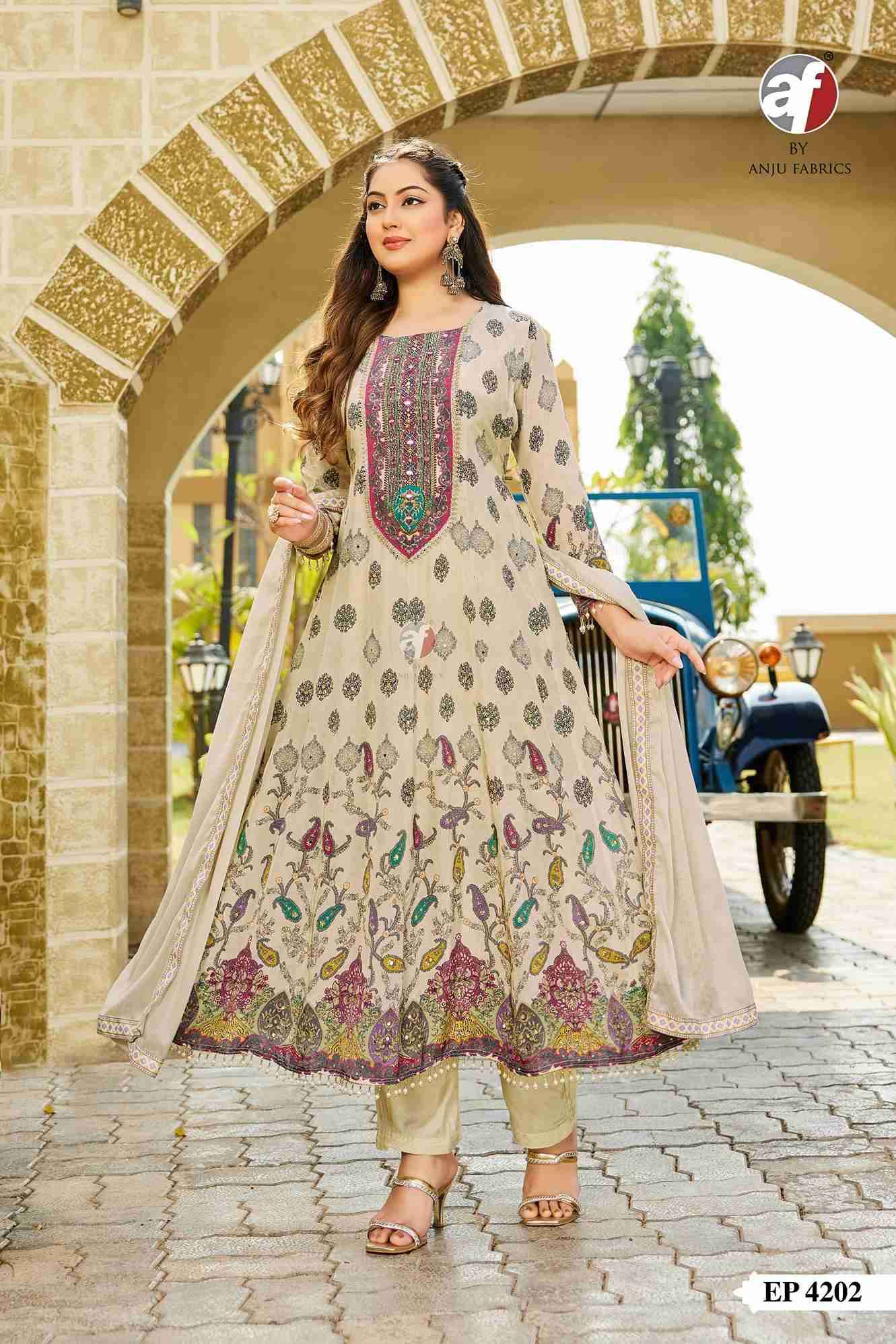 D.NO:- EP 4202 BY ANJU FABRICS IN PURE NATURAL CREPE ANARKALI KURTI PANT & DUPATTA