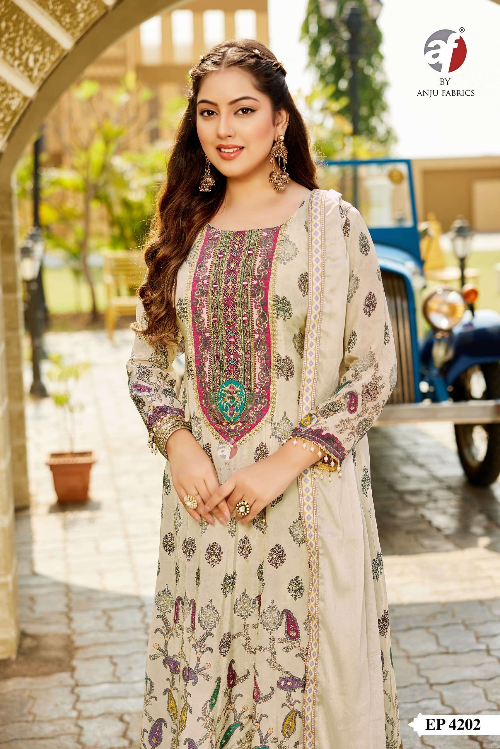 D.NO:- EP 4202 BY ANJU FABRICS IN PURE NATURAL CREPE ANARKALI KURTI PANT & DUPATTA