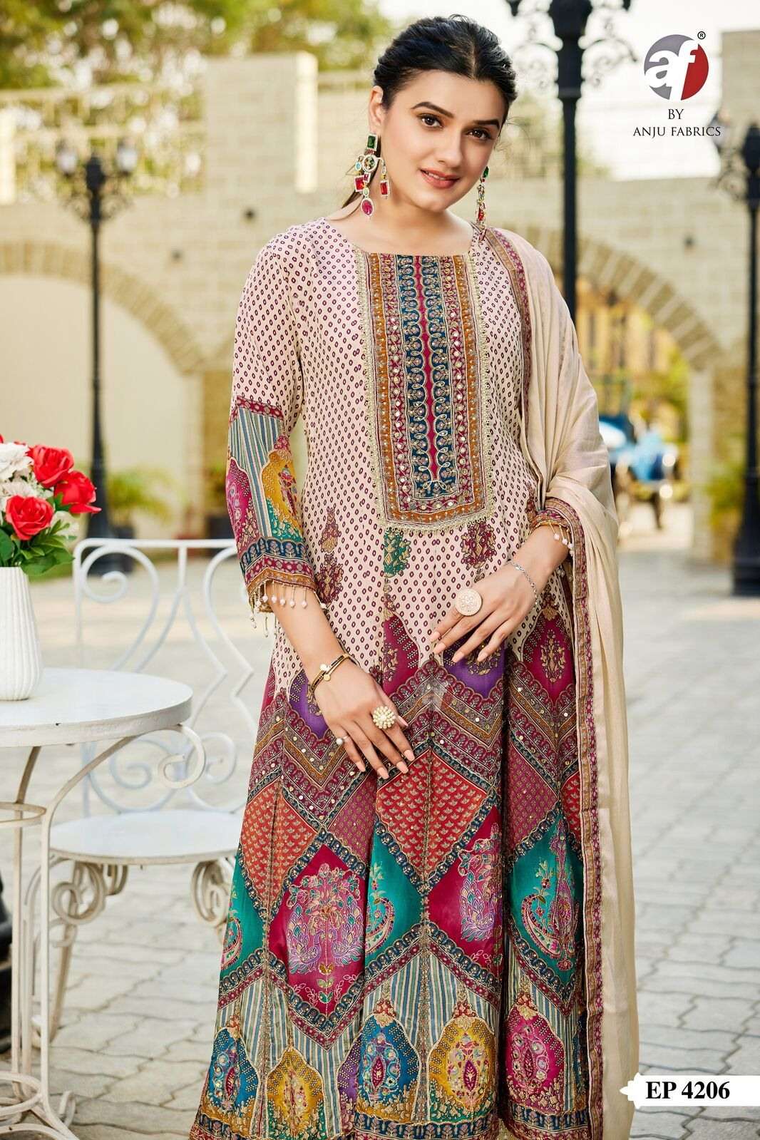 D.NO:- EP 4206 BY ANJU FABRICS IN PURE NATURAL CREPE ANARKALI KURTI PANT & DUPATTA