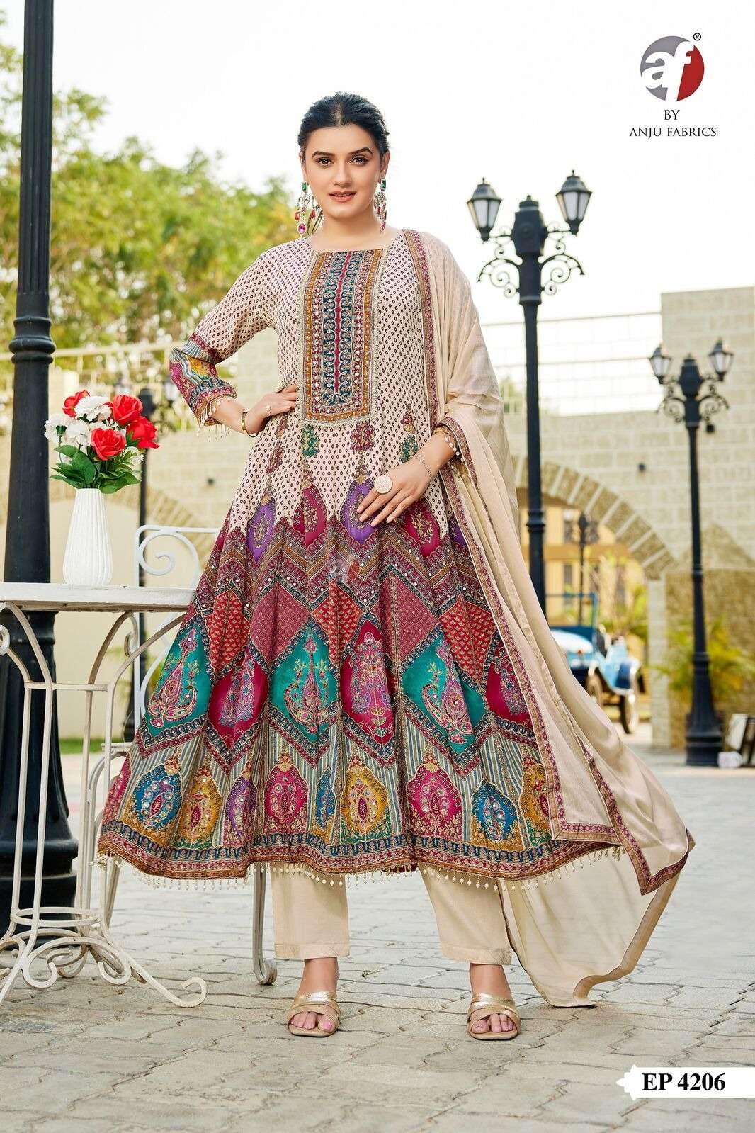 D.NO:- EP 4206 BY ANJU FABRICS IN PURE NATURAL CREPE ANARKALI KURTI PANT & DUPATTA