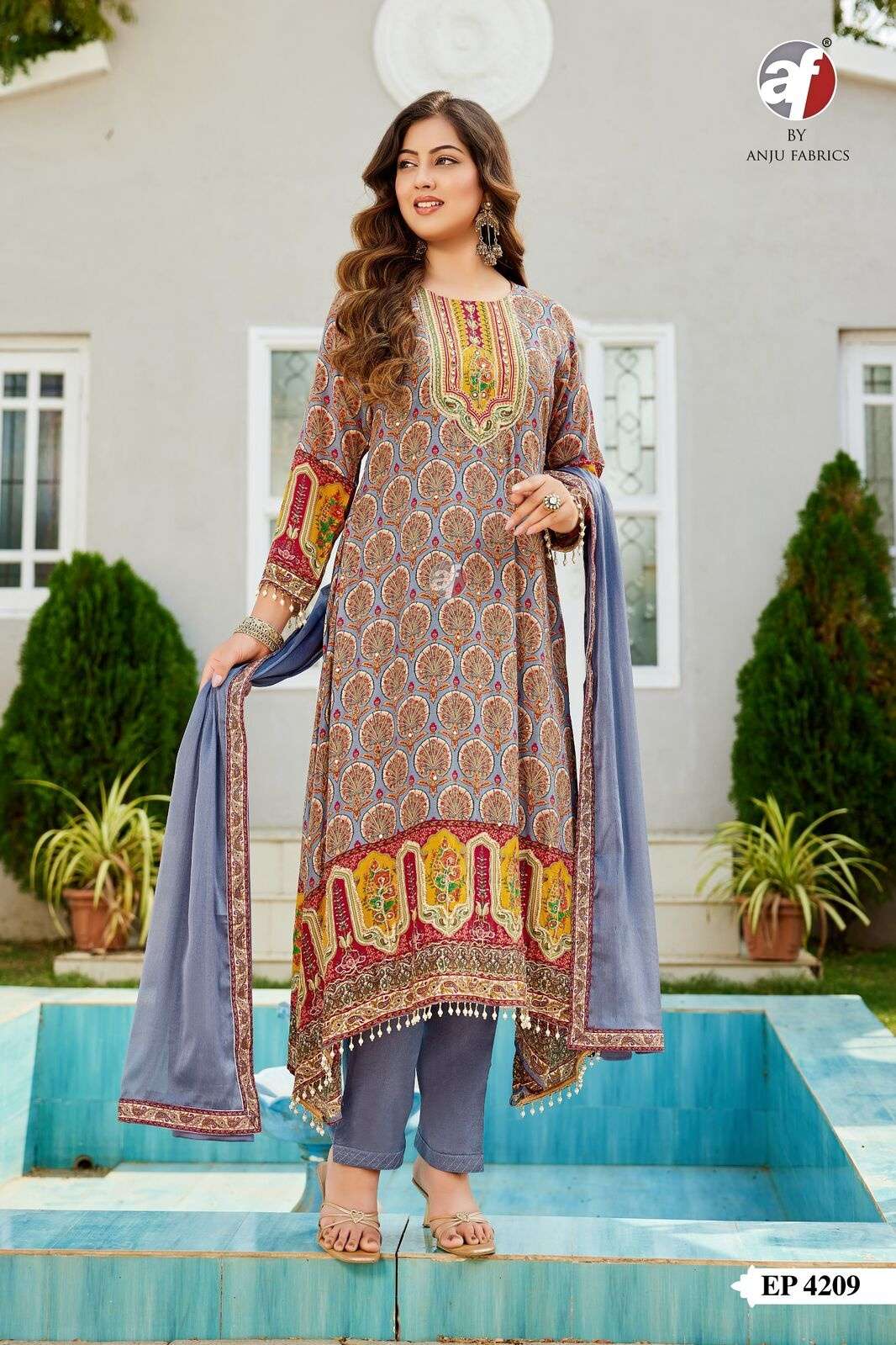 D.NO:- EP 4209 BY ANJU FABRICS IN PURE NATURAL CREPE C CUT KURTI PANT WITH DUPATTA