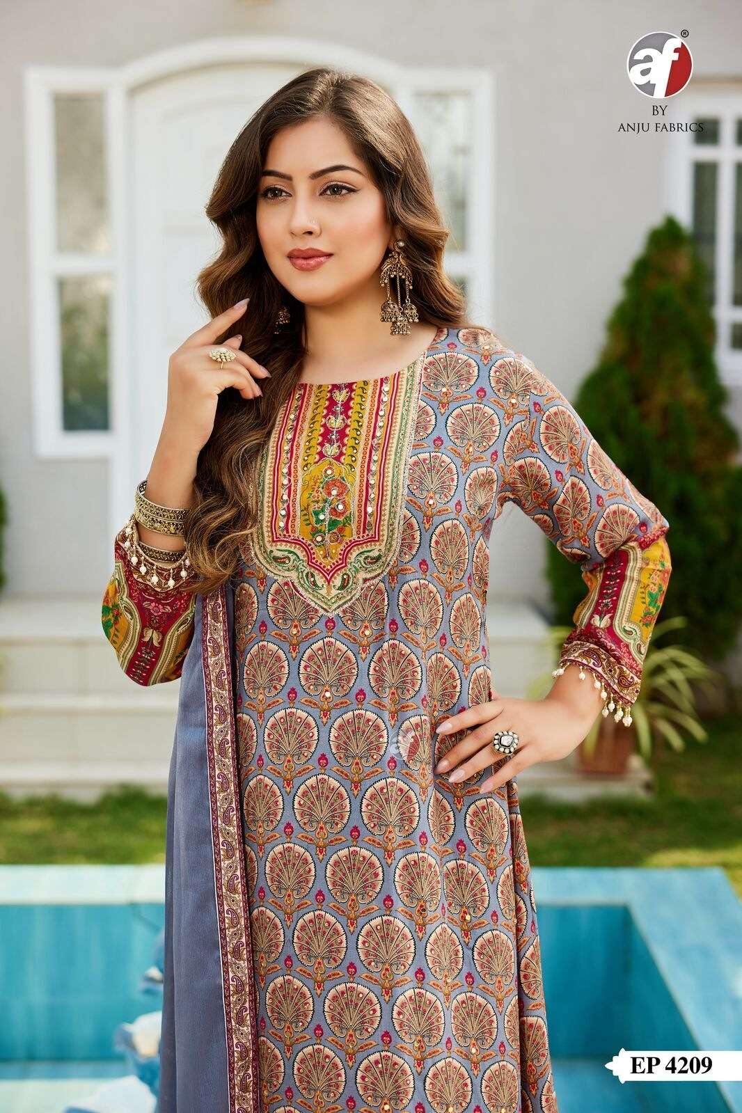 D.NO:- EP 4209 BY ANJU FABRICS IN PURE NATURAL CREPE C CUT KURTI PANT WITH DUPATTA