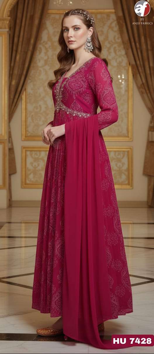 D.NO:- HU 7428 BY ANJU FABRICS IN PURE CHINON CHIFFON DESIGNER FLARED GOWN & DUPATTA