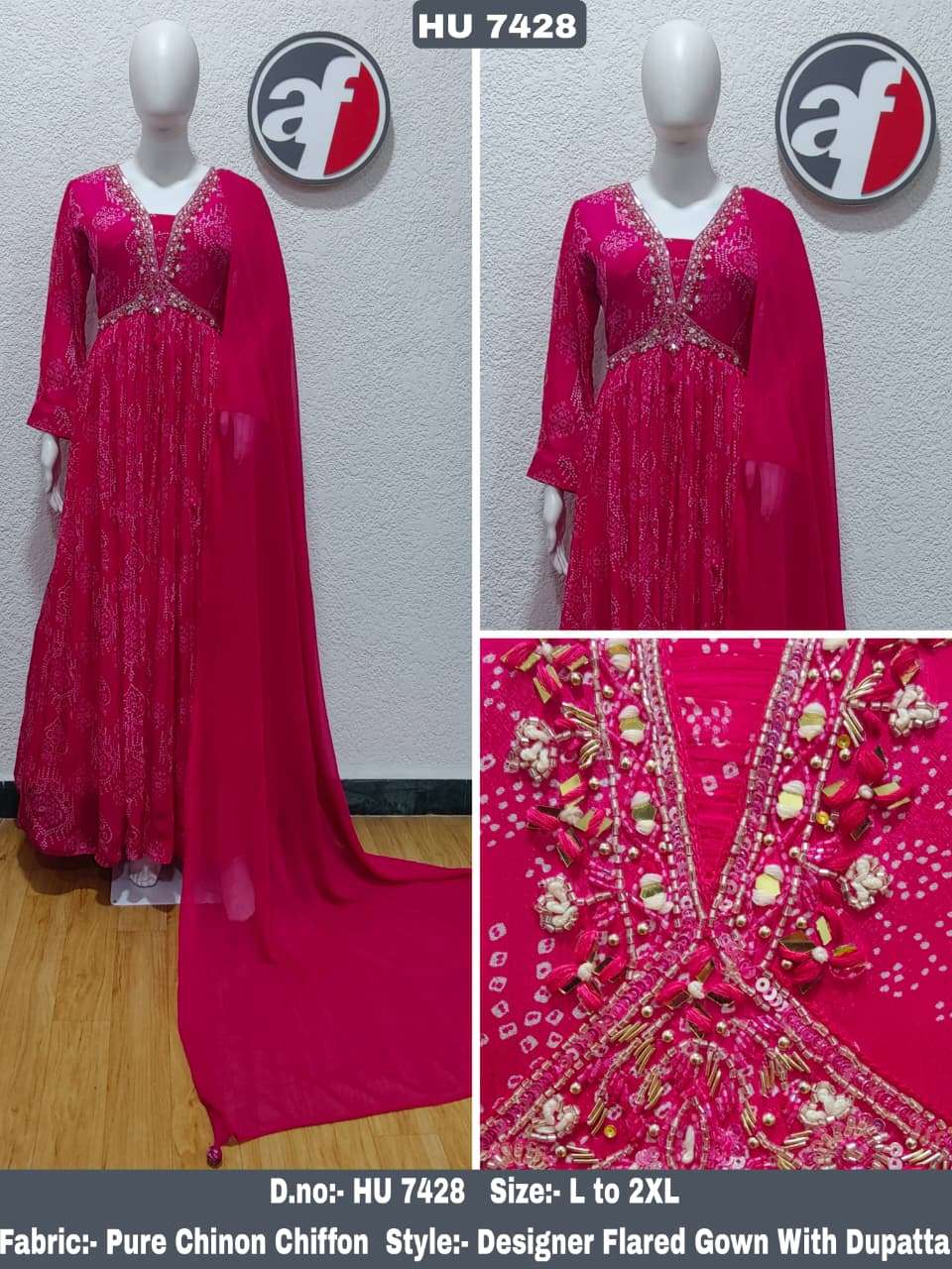 D.NO:- HU 7428 BY ANJU FABRICS IN PURE CHINON CHIFFON DESIGNER FLARED GOWN & DUPATTA