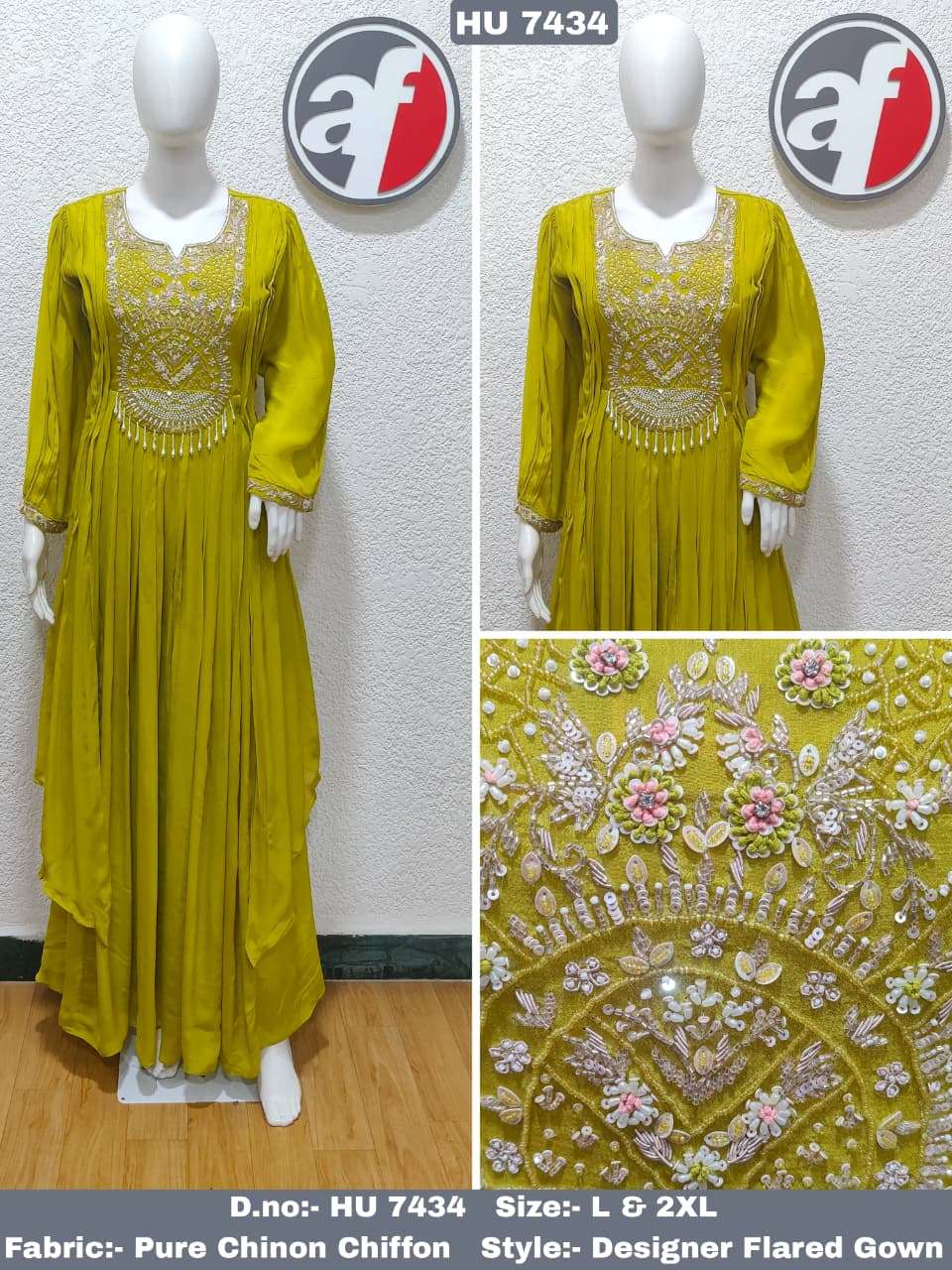 D.NO:- HU 7434 BY ANJU FABRICS IN PURE CHINON CHIFFON DESIGNER FLARED GOWN WITH HEAVY HANDWORK