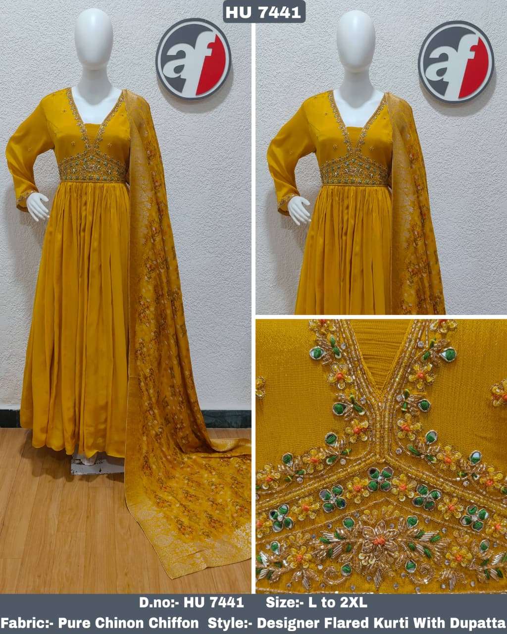 D.NO:- HU 7441 BY ANJU FABRICS IN PURE CHINON CHIFFON DESIGNER FLARED GOWN WITH DUPATTA