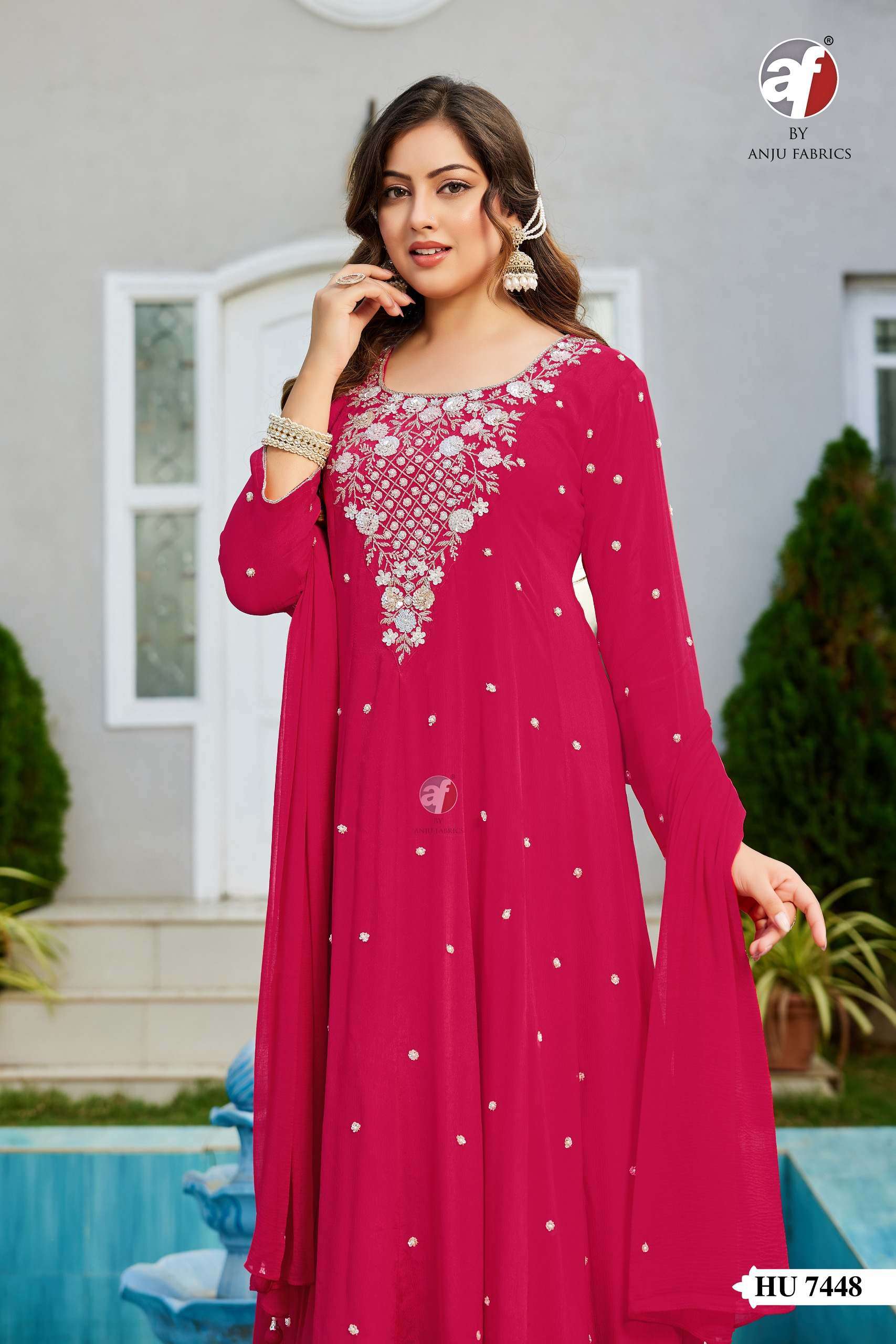 D.NO:- HU 7448 BY ANJU FABRICS IN PURE CHINON CHIFFON ANARKALI KURTI PANT WITH DUPATTA 