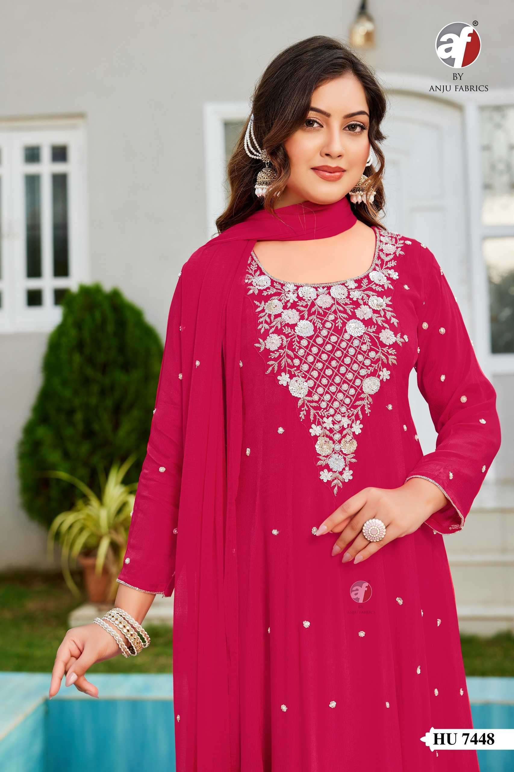 D.NO:- HU 7448 BY ANJU FABRICS IN PURE CHINON CHIFFON ANARKALI KURTI PANT WITH DUPATTA 