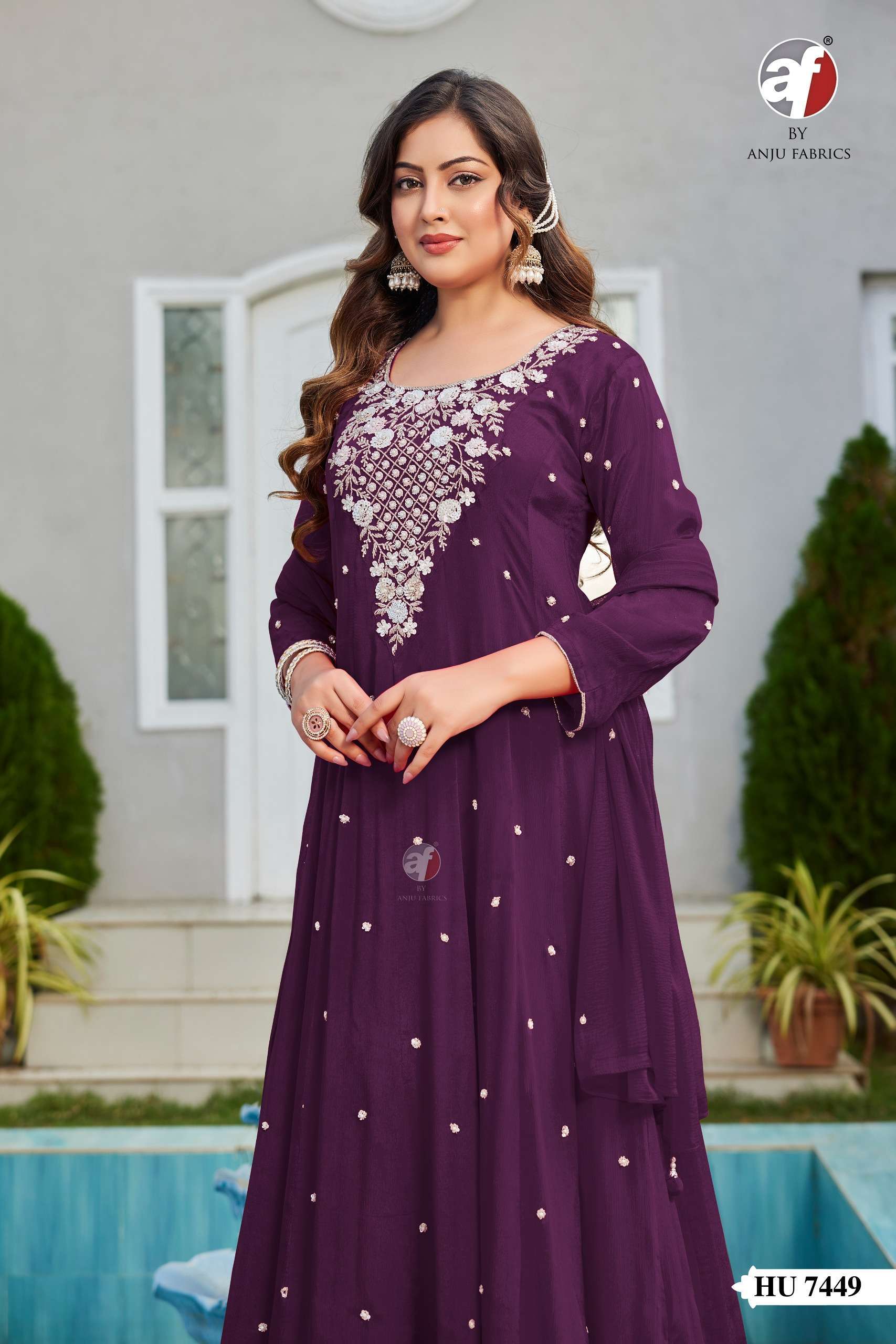 D.NO:- HU 7449 BY ANJU FABRICS IN PURE CHINON CHIFFON ANARKALI KURTI PANT WITH DUPATTA 