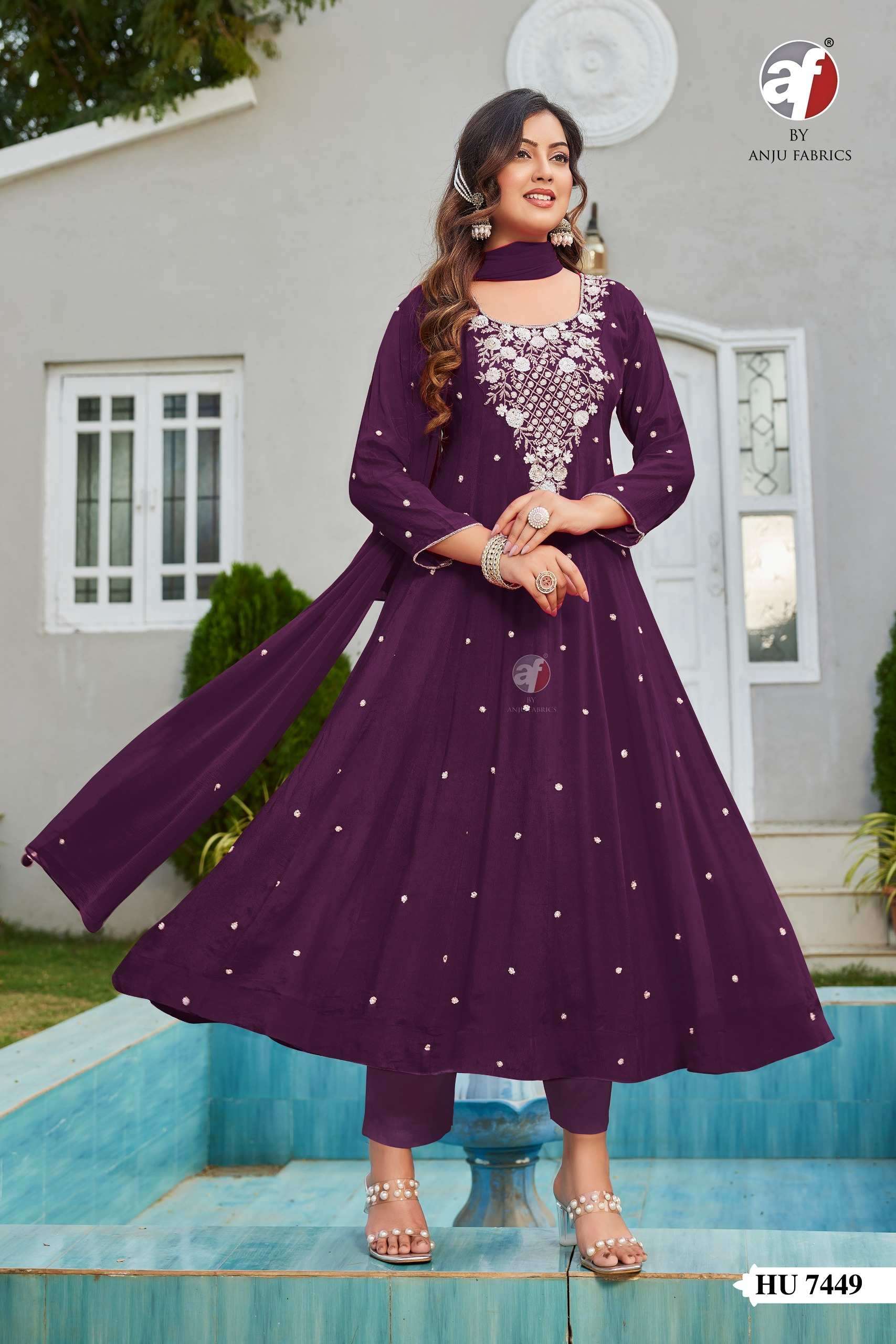 D.NO:- HU 7449 BY ANJU FABRICS IN PURE CHINON CHIFFON ANARKALI KURTI PANT WITH DUPATTA 