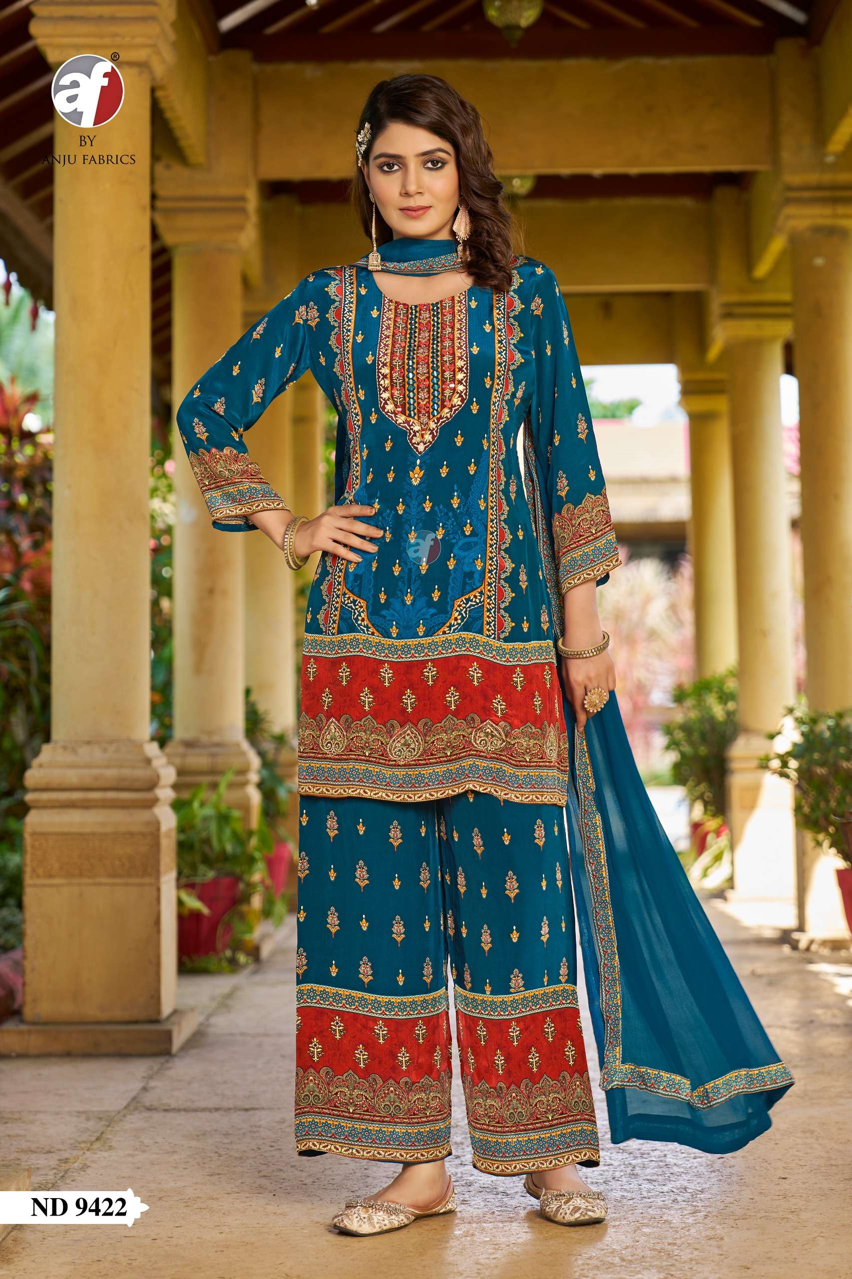 D.NO:- ND 9422 BY ANJU FABRICS IN PURE NATURAL CREPE SHORT KURTI WITH PALAZZO &  DUPATTA 