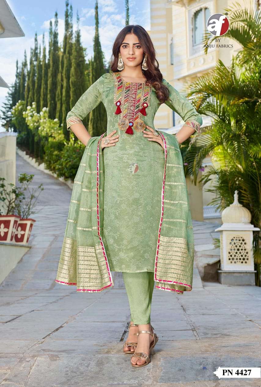 D.NO:- PN 4427 BY ANJU FABRICS IN PURE TISSUE SHIMMER KURTI PANT WITH DUPATTA 