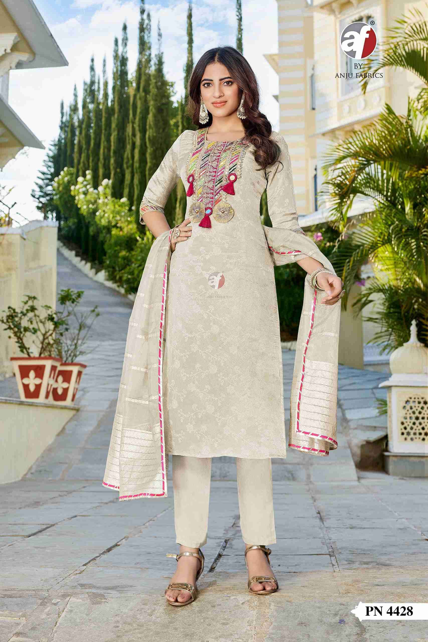 D.NO:- PN 4428 BY ANJU FABRICS IN PURE TISSUE SHIMMER KURTI PANT WITH DUPATTA 