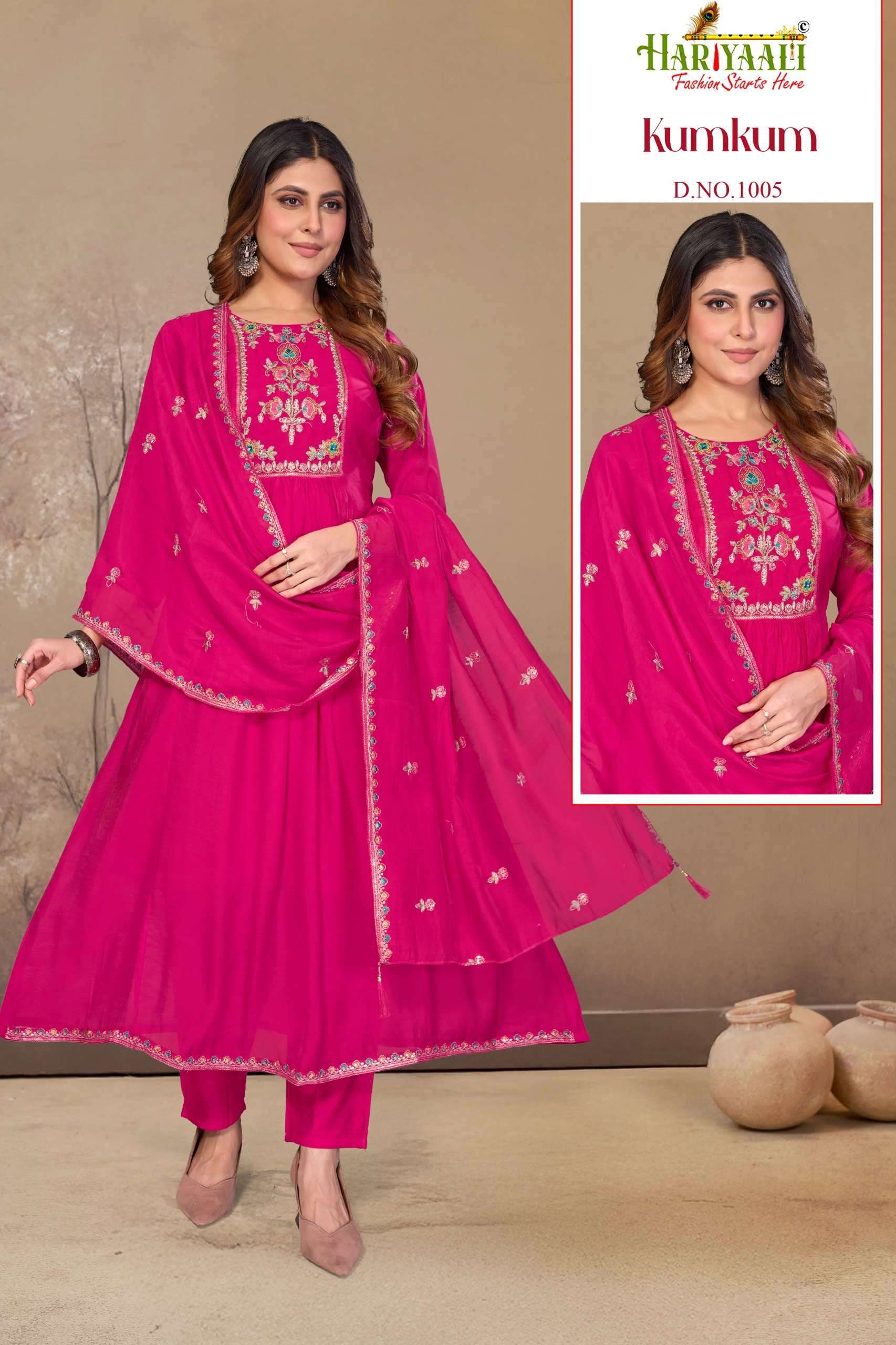 KUMKUM BY HARIYAALI IN PREMIUM MAL CHANDERI WITH EMBROIDERY WORK AND HANDWORK
