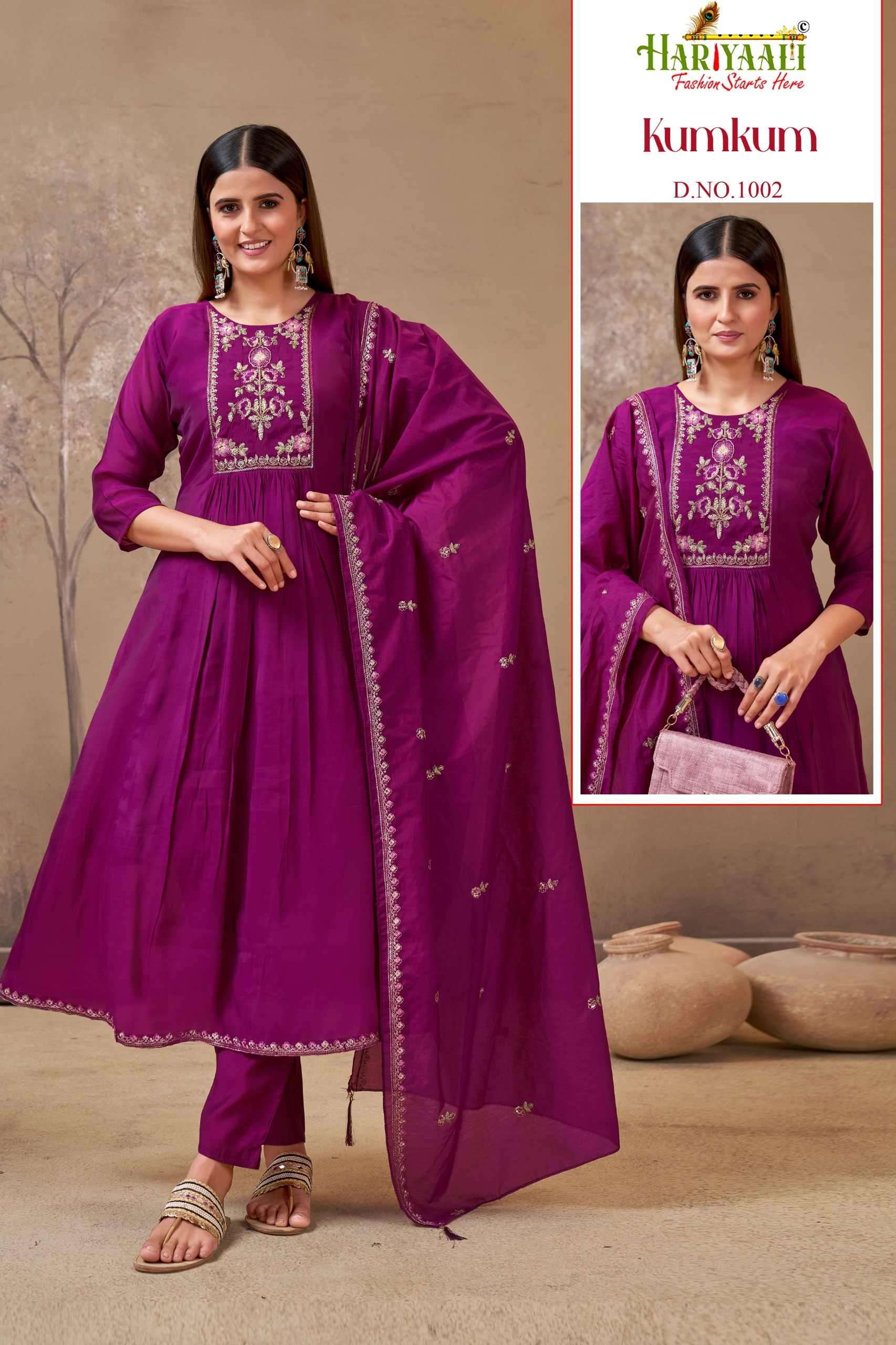KUMKUM BY HARIYAALI IN PREMIUM MAL CHANDERI WITH EMBROIDERY WORK AND HANDWORK