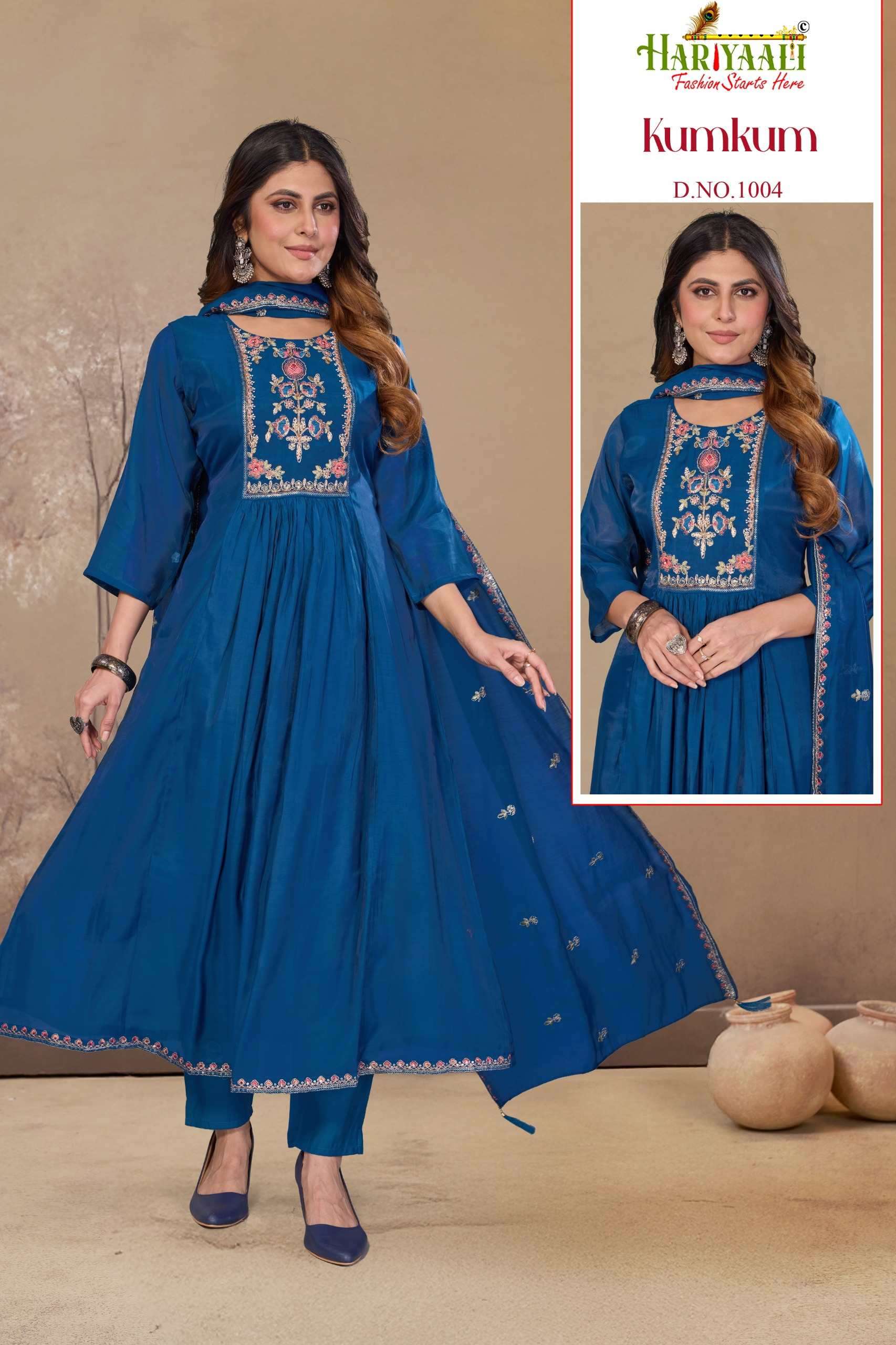 KUMKUM BY HARIYAALI IN PREMIUM MAL CHANDERI WITH EMBROIDERY WORK AND HANDWORK