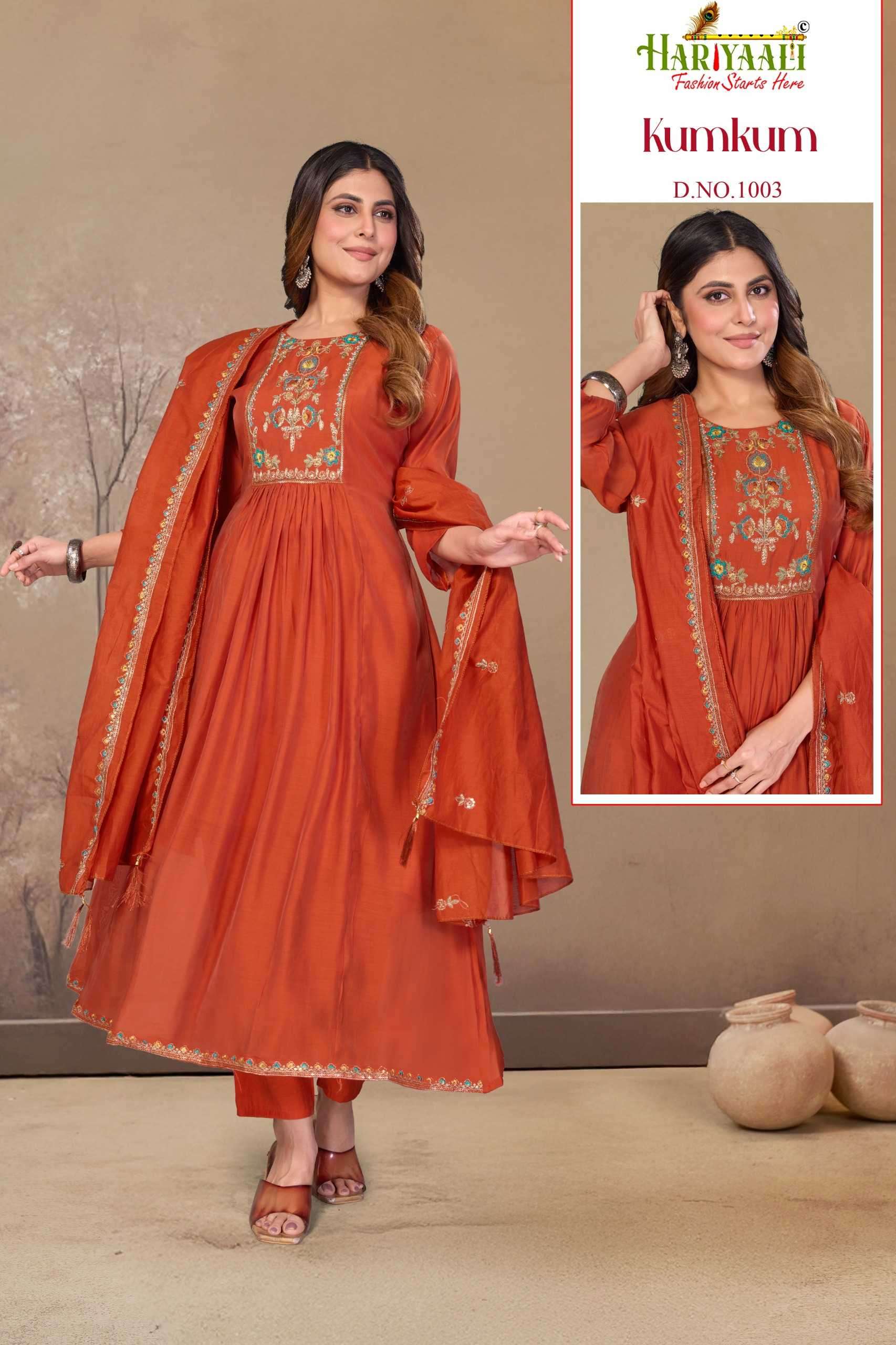 KUMKUM BY HARIYAALI IN PREMIUM MAL CHANDERI WITH EMBROIDERY WORK AND HANDWORK