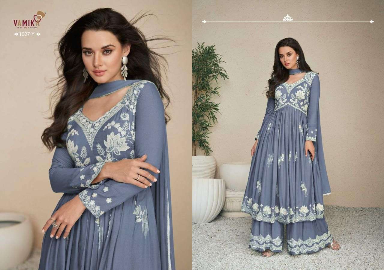 LAKHNAVI VOL:-5 NEW SILVER BY VAMIKA IN HEAVY RAYON TOP PLAZZO & NAZMIN DUPPATTA 