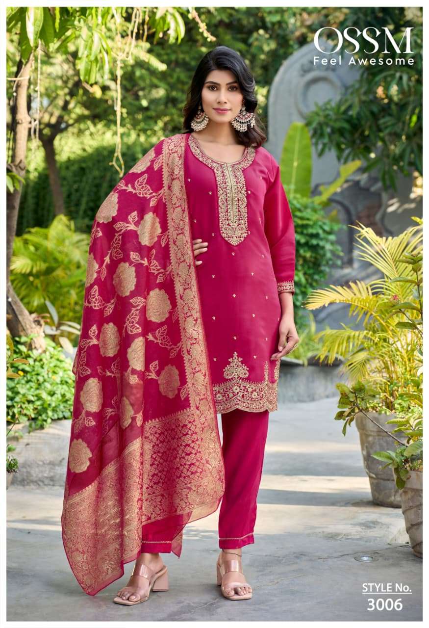 MANNAT VOL-3 BY OSSM IN VISCOS ROMAN SILK WITH HEAVY EMBROIDERY WORK KURTI PANT DUPATTA