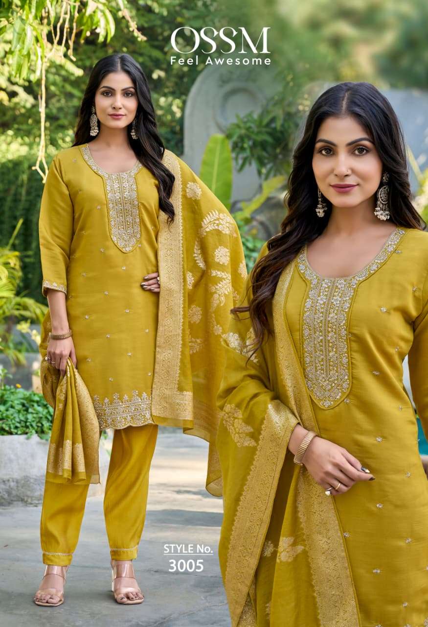 MANNAT VOL-3 BY OSSM IN VISCOS ROMAN SILK WITH HEAVY EMBROIDERY WORK KURTI PANT DUPATTA