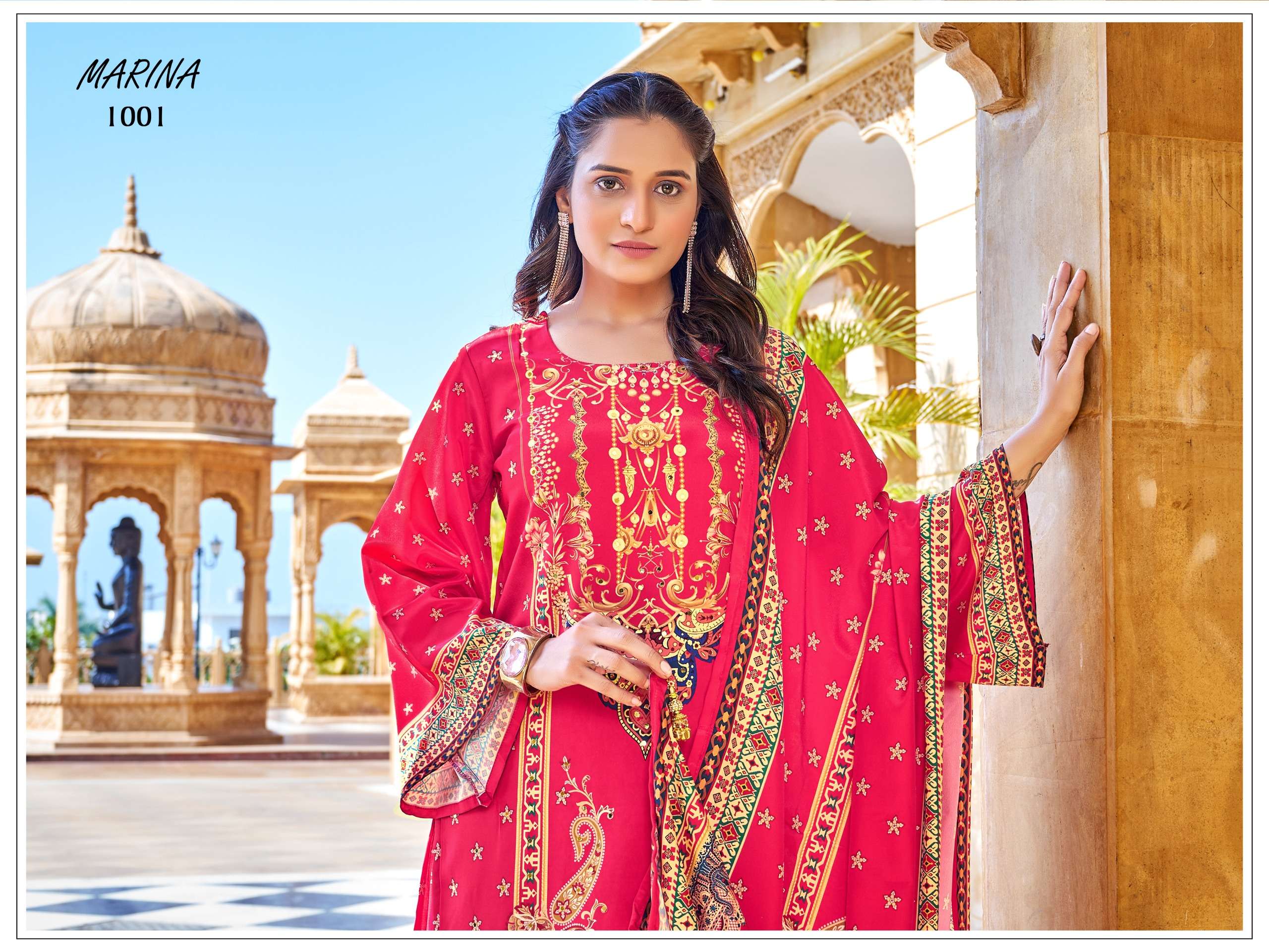 MARINA BY TEXOFAB IN PURE CRAPE SILK DIGITAL PRINT WITH FANCY LACE BORDER & MIRROR WORK 