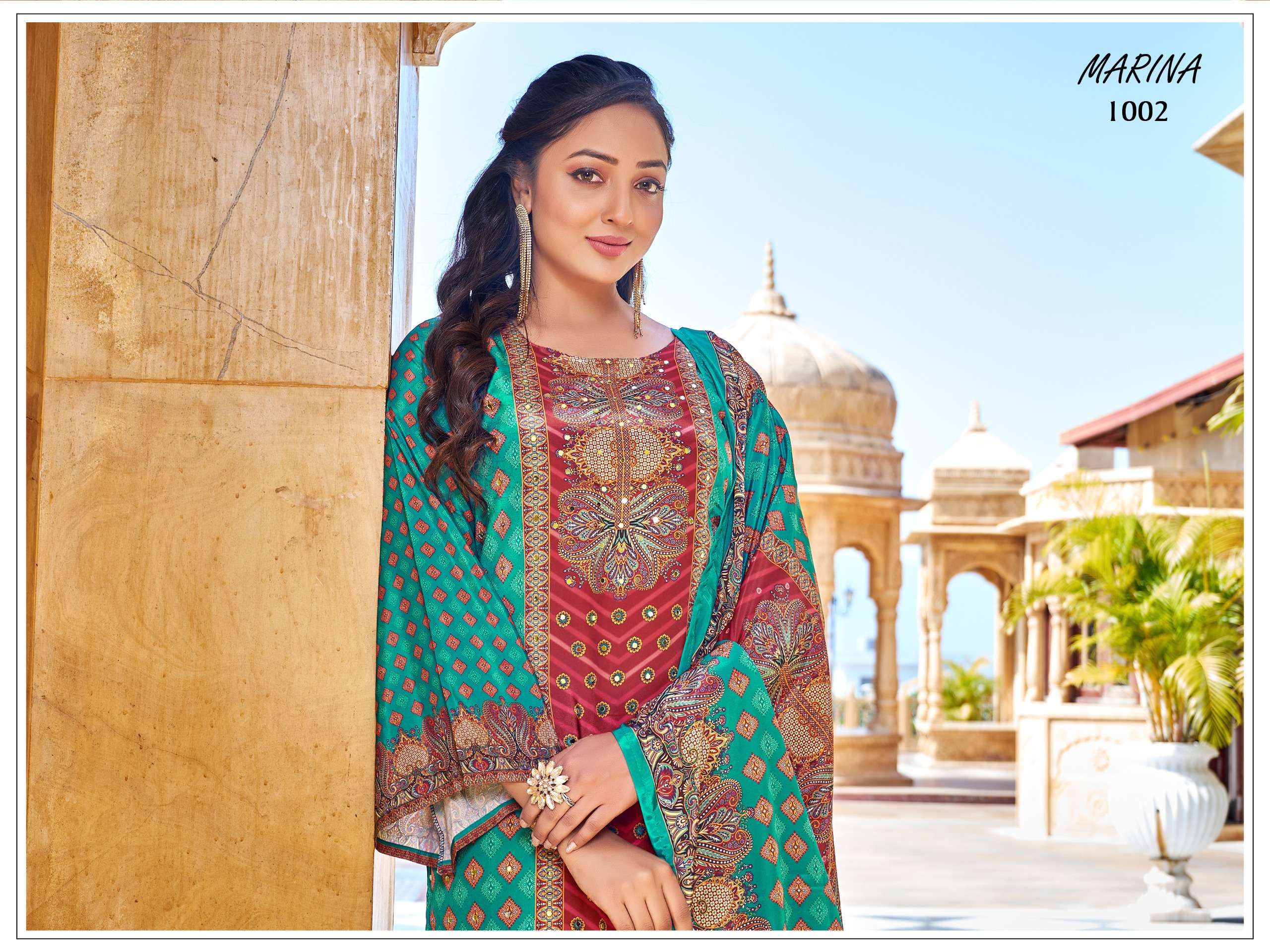 MARINA BY TEXOFAB IN PURE CRAPE SILK DIGITAL PRINT WITH FANCY LACE BORDER & MIRROR WORK 