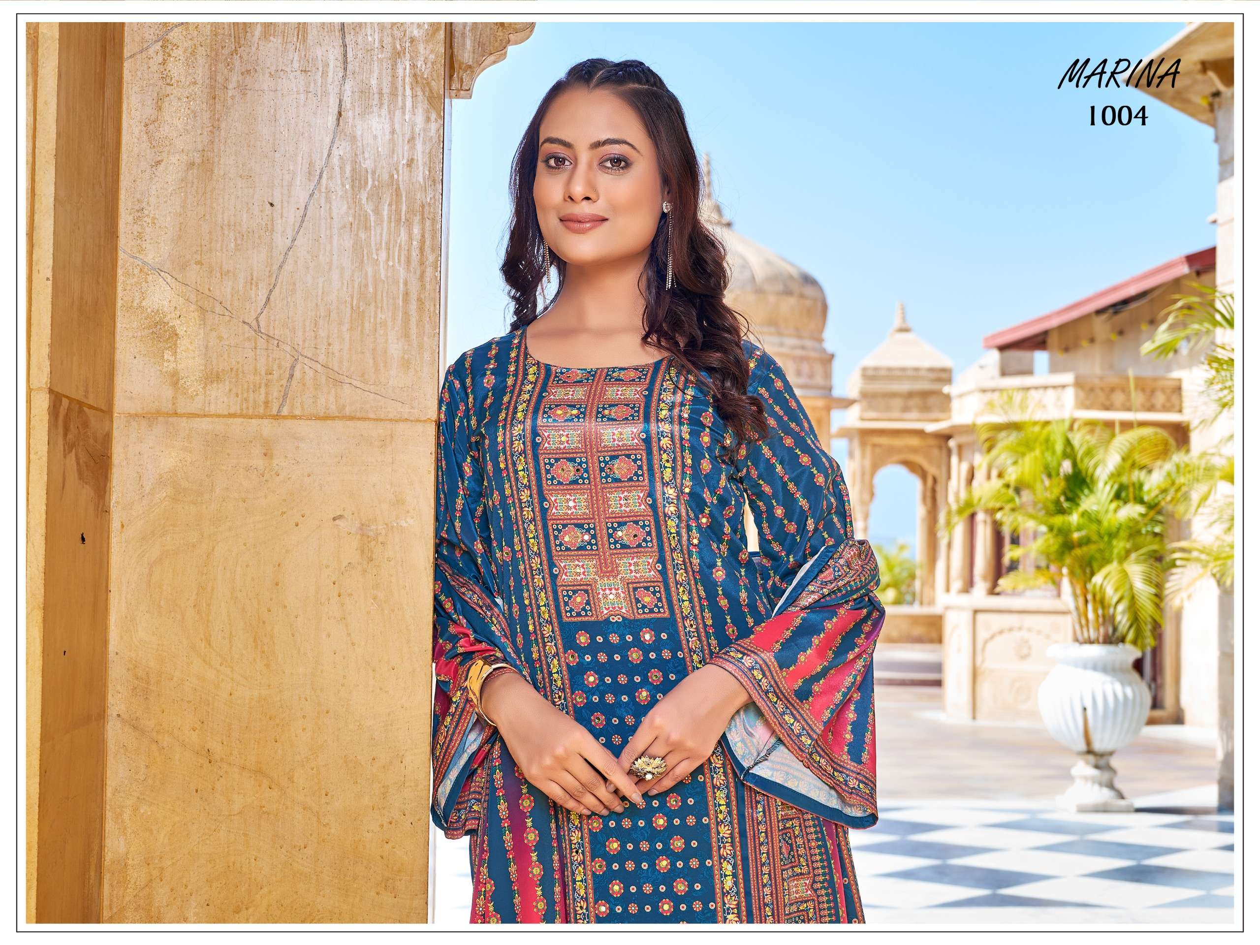 MARINA BY TEXOFAB IN PURE CRAPE SILK DIGITAL PRINT WITH FANCY LACE BORDER & MIRROR WORK 