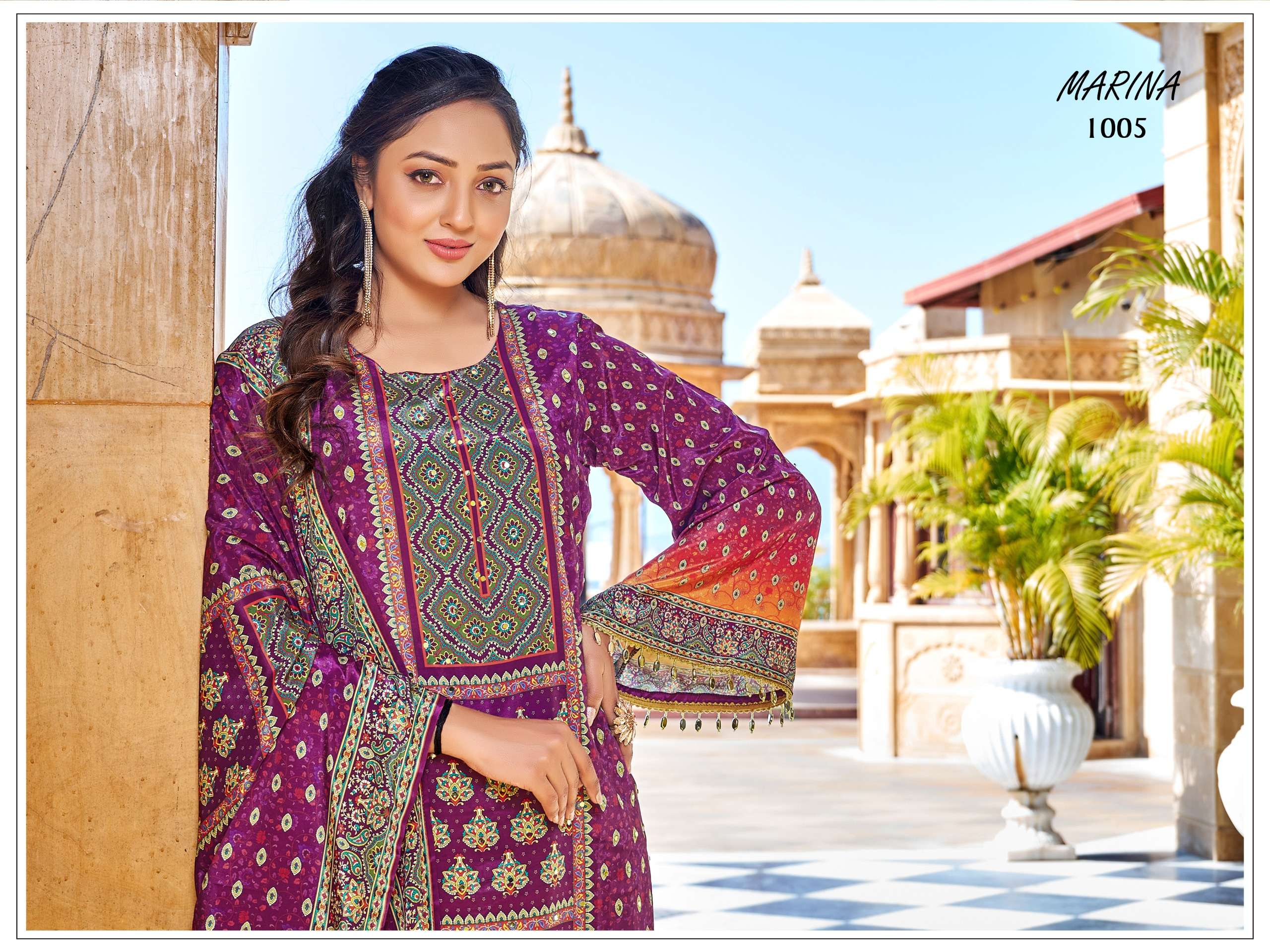 MARINA BY TEXOFAB IN PURE CRAPE SILK DIGITAL PRINT WITH FANCY LACE BORDER & MIRROR WORK 