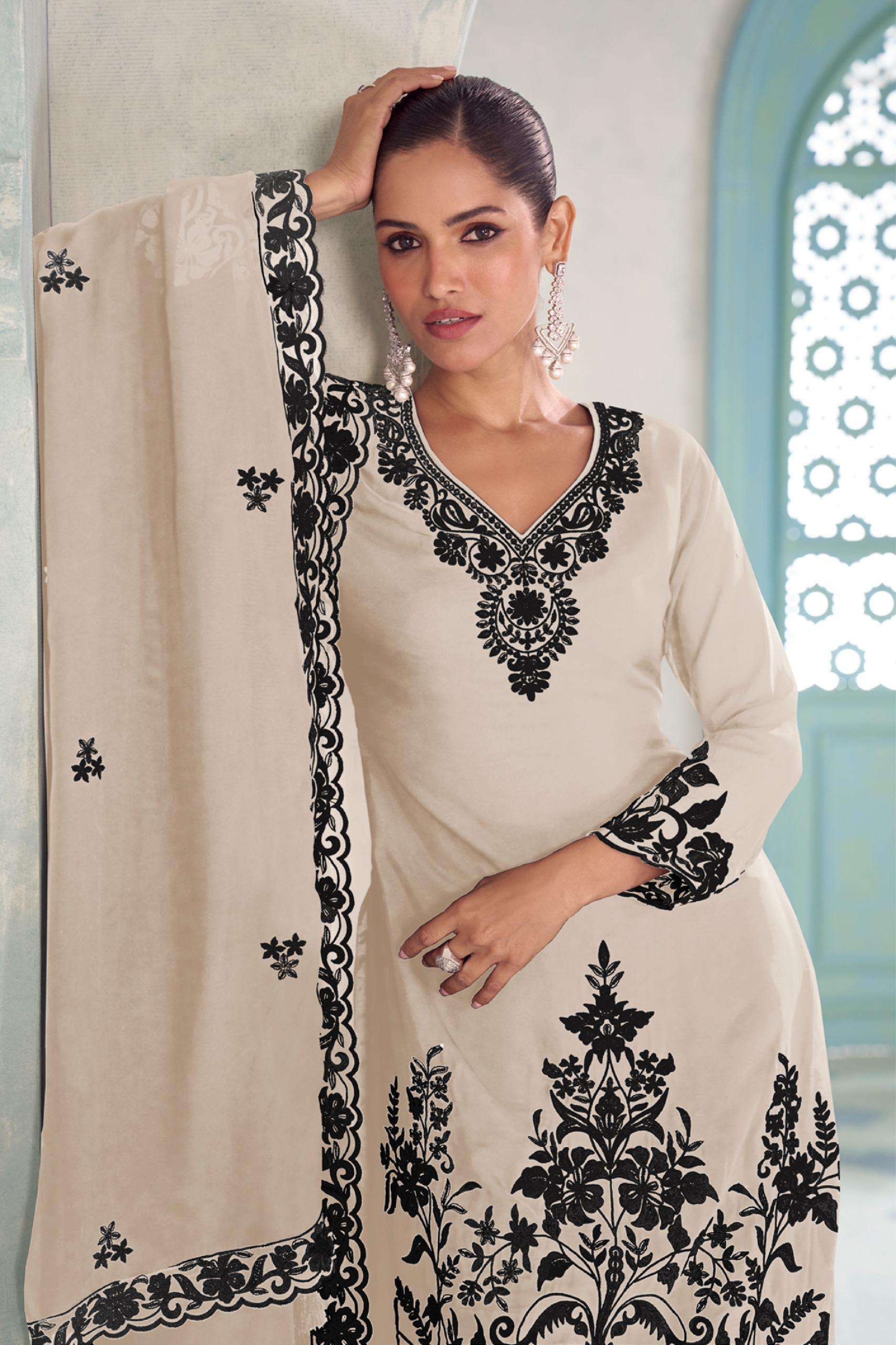 MEHER BY GULKAYRA DESIGNER IN REAL CHINON SILK WITH RMBROIDERY WORK KURTI PALAZO 