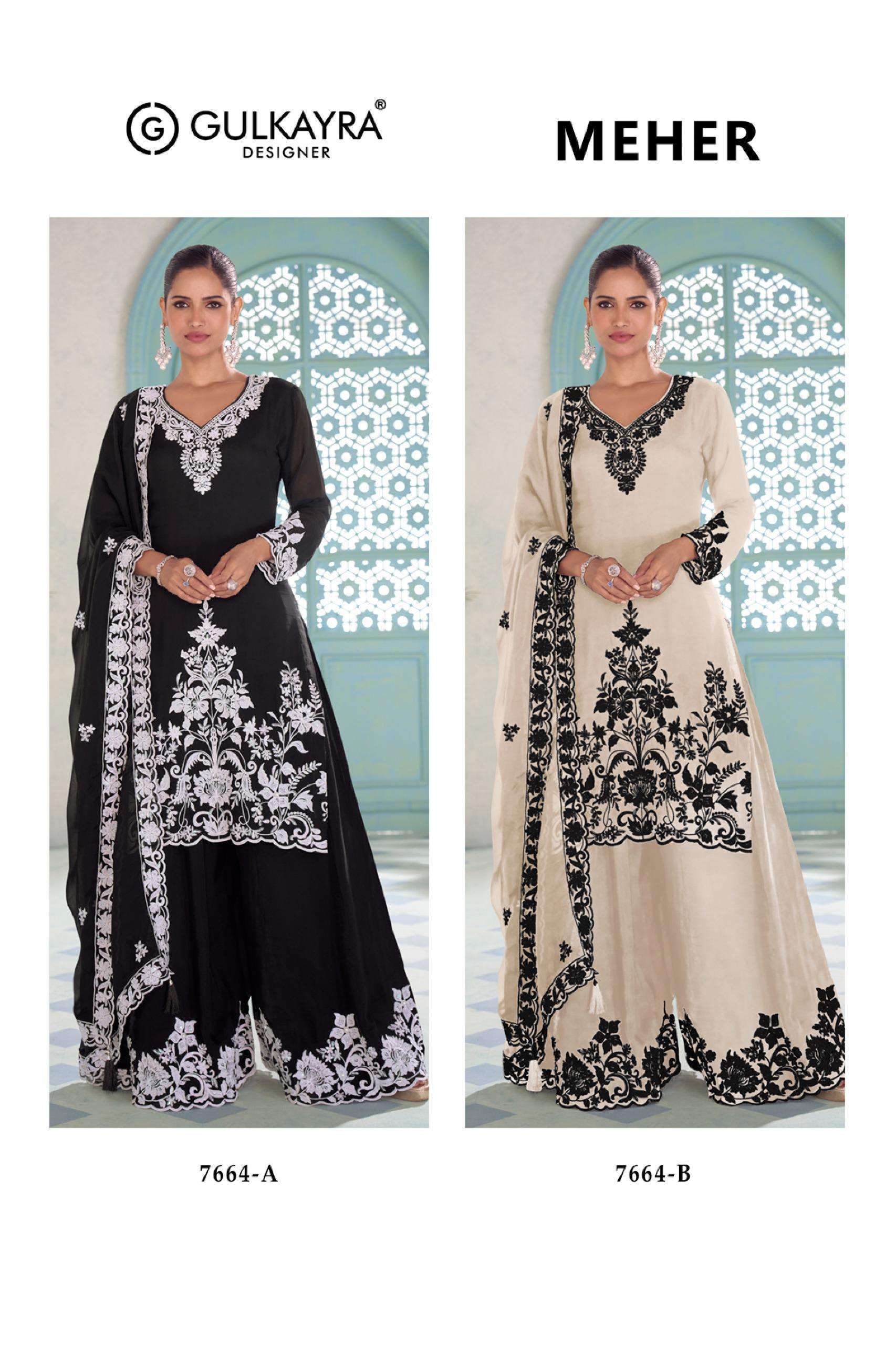 MEHER BY GULKAYRA DESIGNER IN REAL CHINON SILK WITH RMBROIDERY WORK KURTI PALAZO 