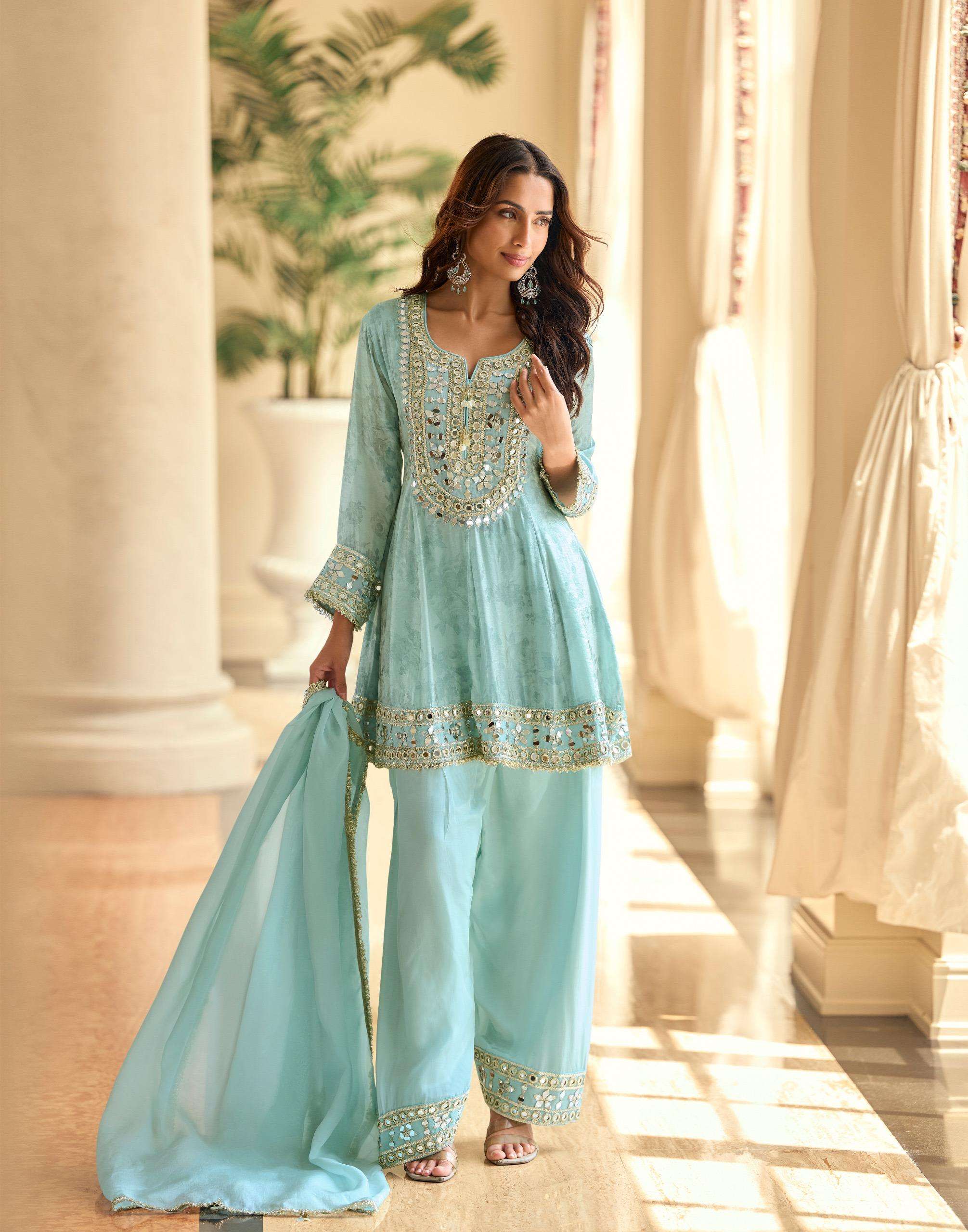 MIRROR BY SAYURI DESIGNER IN SIMAR SILK WITH MIRROR EMBROIDERED TOP PLAZZO AND DUPATTA