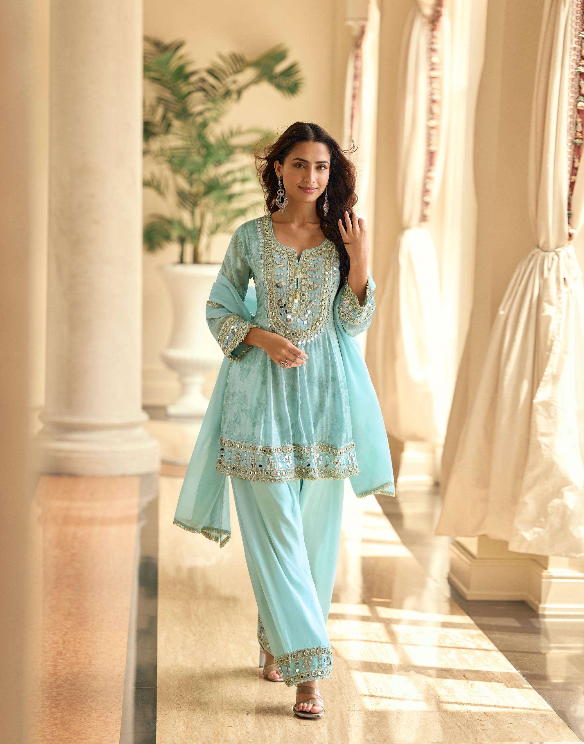 MIRROR BY SAYURI DESIGNER IN SIMAR SILK WITH MIRROR EMBROIDERED TOP PLAZZO AND DUPATTA