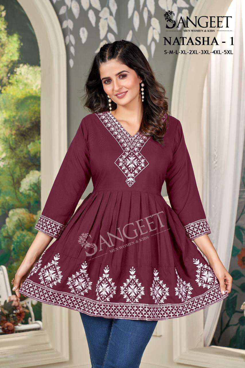 NATASHA VOL-1 BY SANGEET IN RAYON FABRIC WITH WHITE V NECK EMBROIDERY SEQUENCE WORK