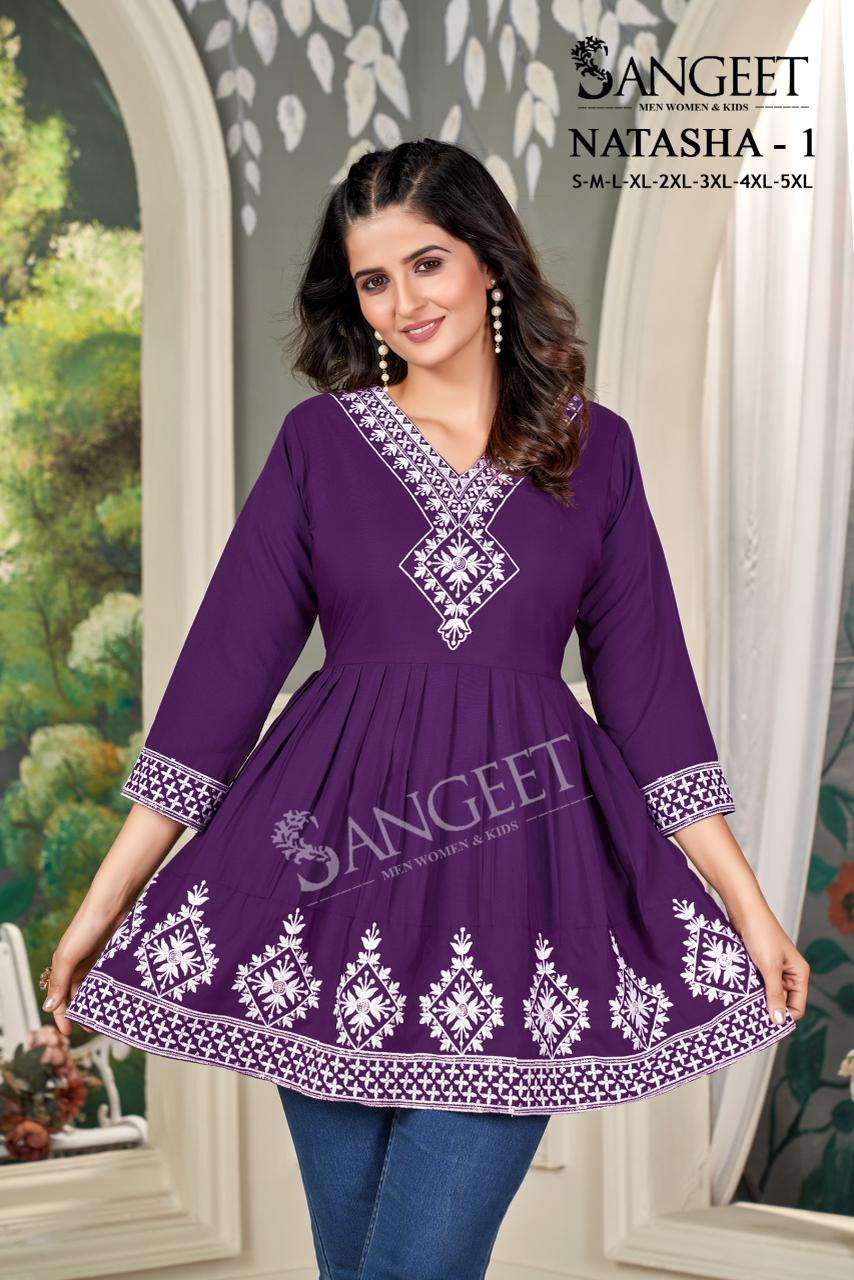 NATASHA VOL-1 BY SANGEET IN RAYON FABRIC WITH WHITE V NECK EMBROIDERY SEQUENCE WORK