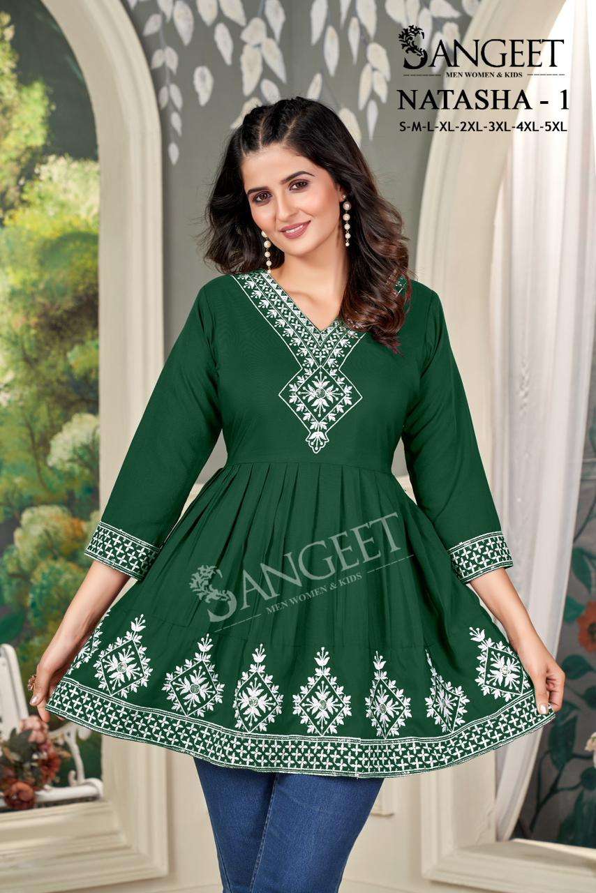 NATASHA VOL-1 BY SANGEET IN RAYON FABRIC WITH WHITE V NECK EMBROIDERY SEQUENCE WORK