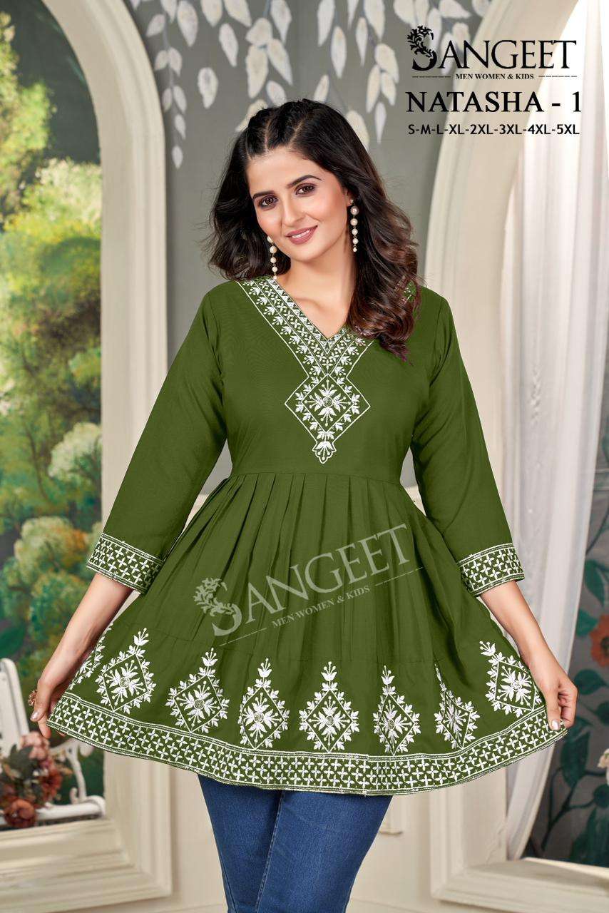 NATASHA VOL-1 BY SANGEET IN RAYON FABRIC WITH WHITE V NECK EMBROIDERY SEQUENCE WORK