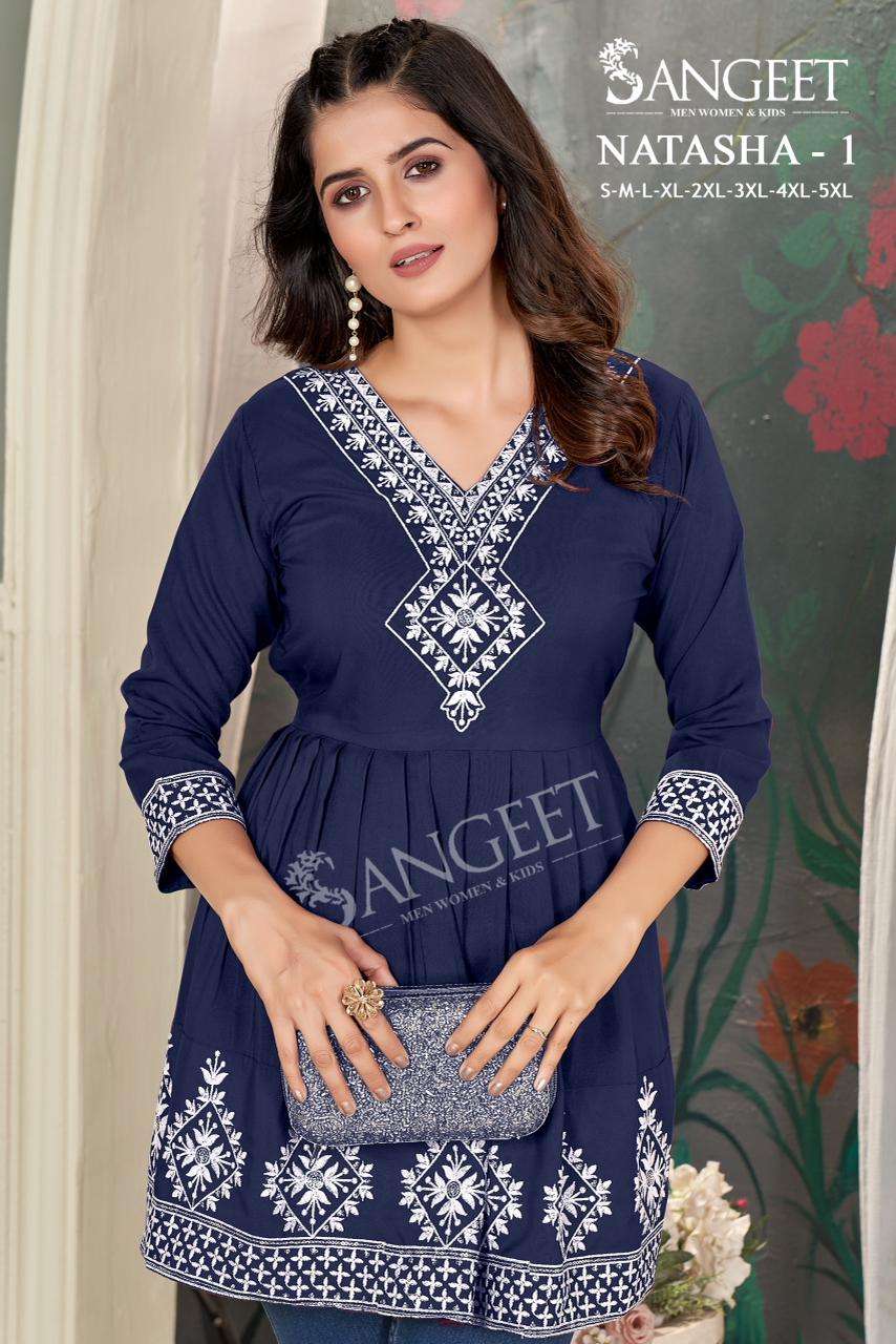 NATASHA VOL-1 BY SANGEET IN RAYON FABRIC WITH WHITE V NECK EMBROIDERY SEQUENCE WORK