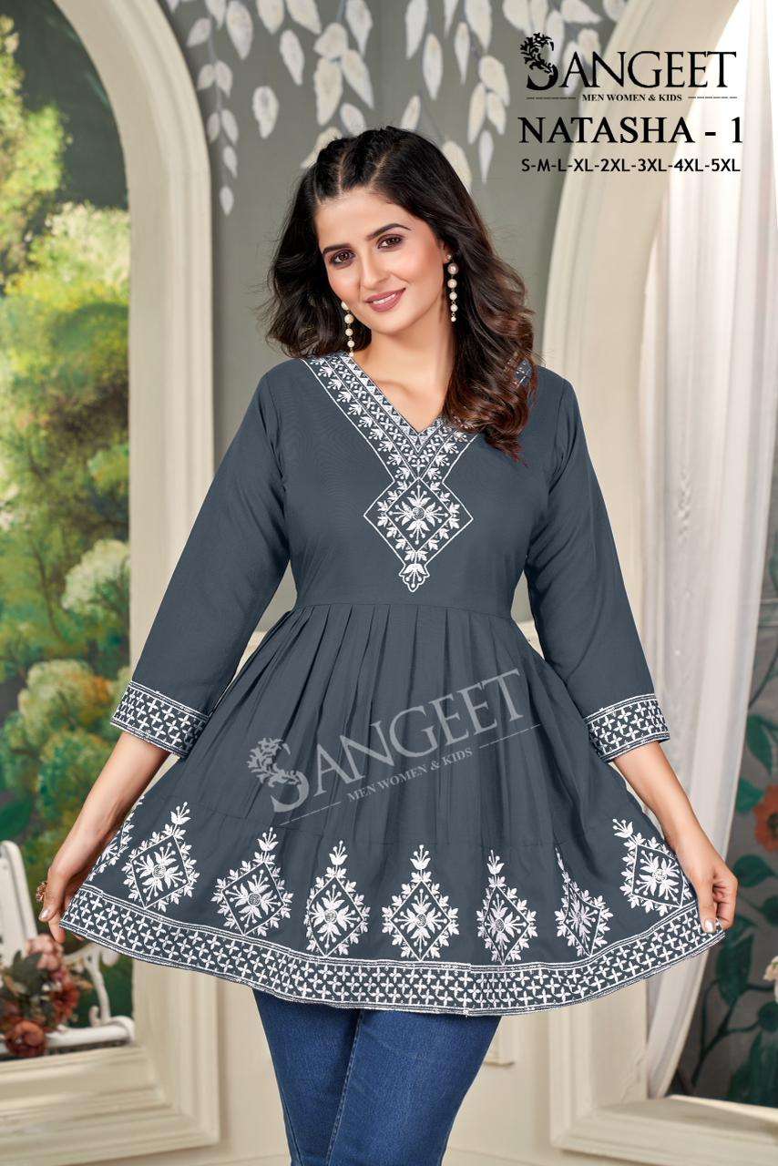 NATASHA VOL-1 BY SANGEET IN RAYON FABRIC WITH WHITE V NECK EMBROIDERY SEQUENCE WORK