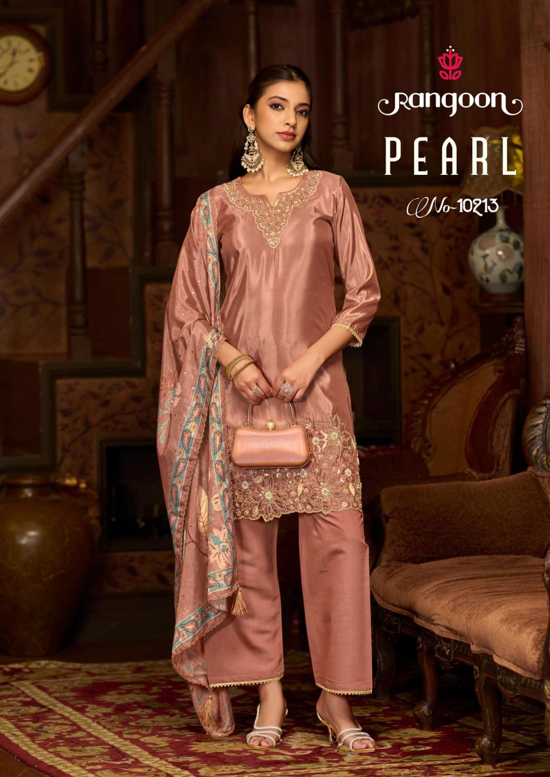 PEARL BY RANGOON IN GOLD CRUCH WITH FANCY BEATS WORK & FULL INNER TOP BOTTOM & DUPATTA
